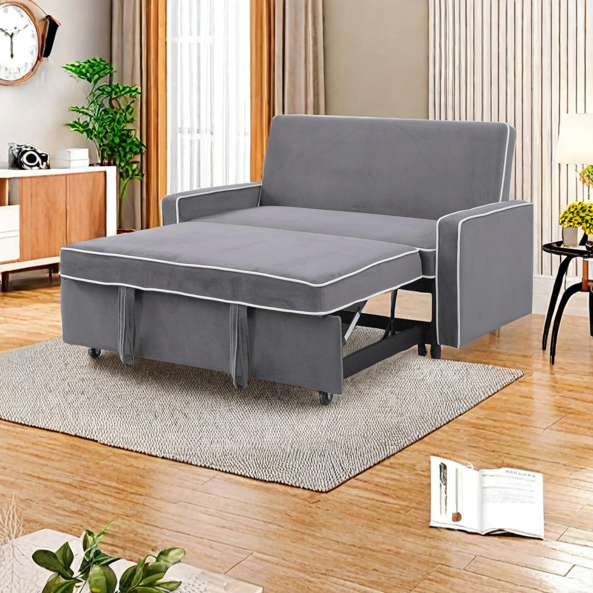 Sofa Bed Couch Convertible Sleeper, Modern 3 in 1 FutonCouch with PulloutBed, 53" 2 Seater Loveseat/Sleeper w/Armrests & Adjustable Backrest for Living Room Bedroom Small Space