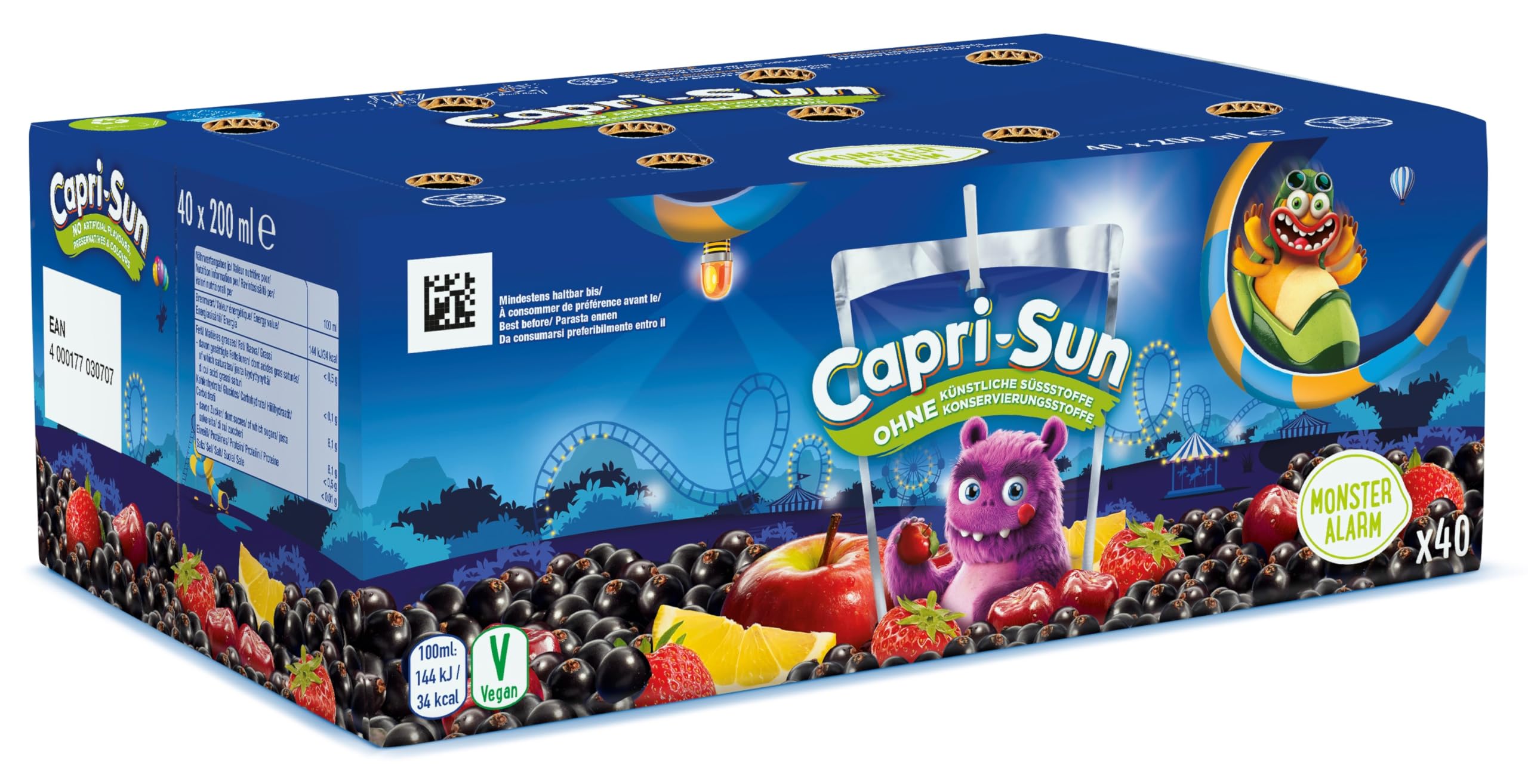 Capri-Sun Monster Alarm Kinder Fruchtsaftgetränk, Vorratspack (40 x 200ml), Fruchtsaft - Apfel, Johannisbeere & Kirsche - Ohne künstliche Zusätze - Vegan, Glutenfrei