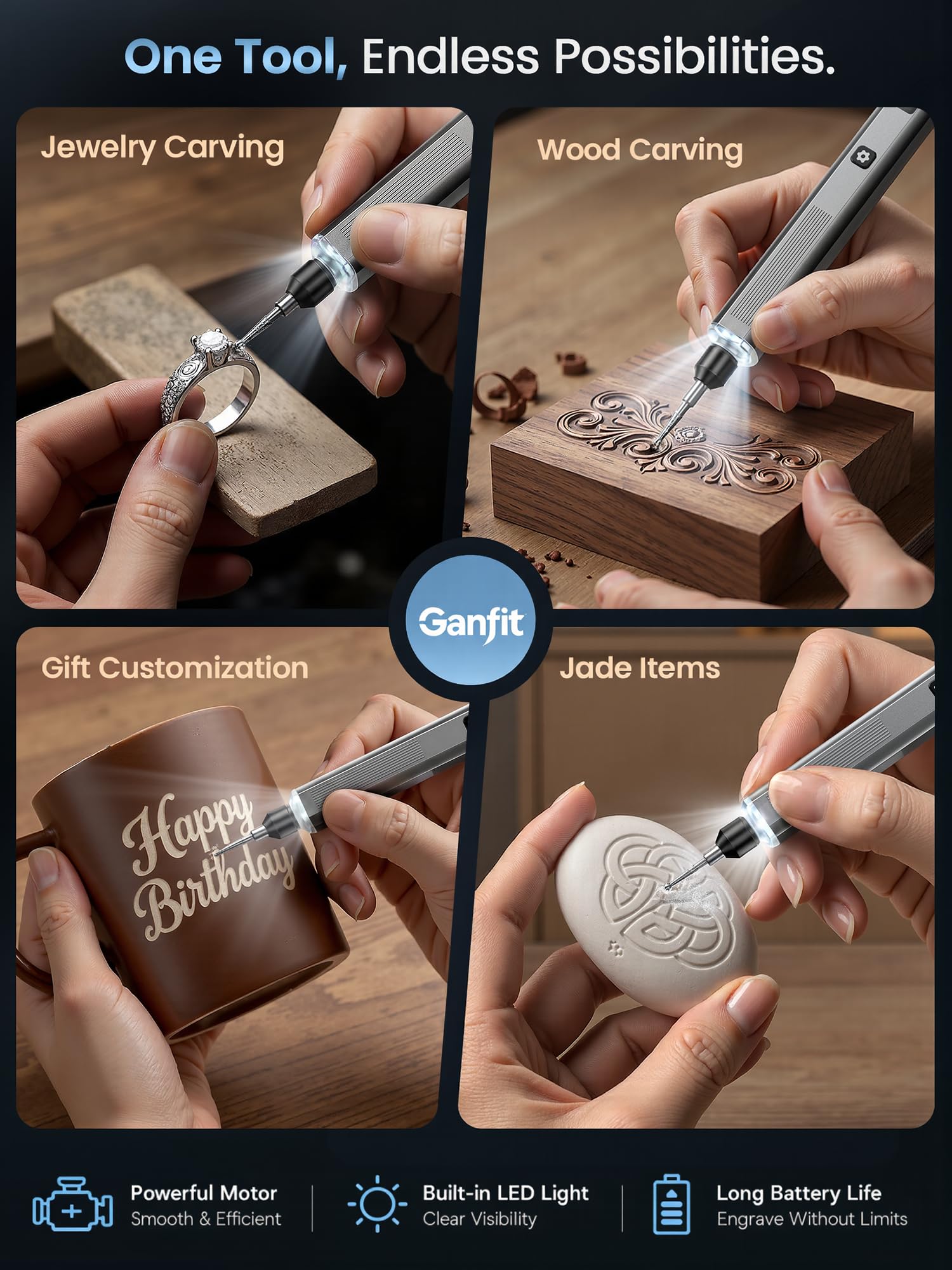 Penna per incisione a velocità regolabile, strumento per incidere a LED senza fili con 31 bit, design ricaricabile tramite USB, kit multiuso per intaglio per tutti i materiali, ideale come