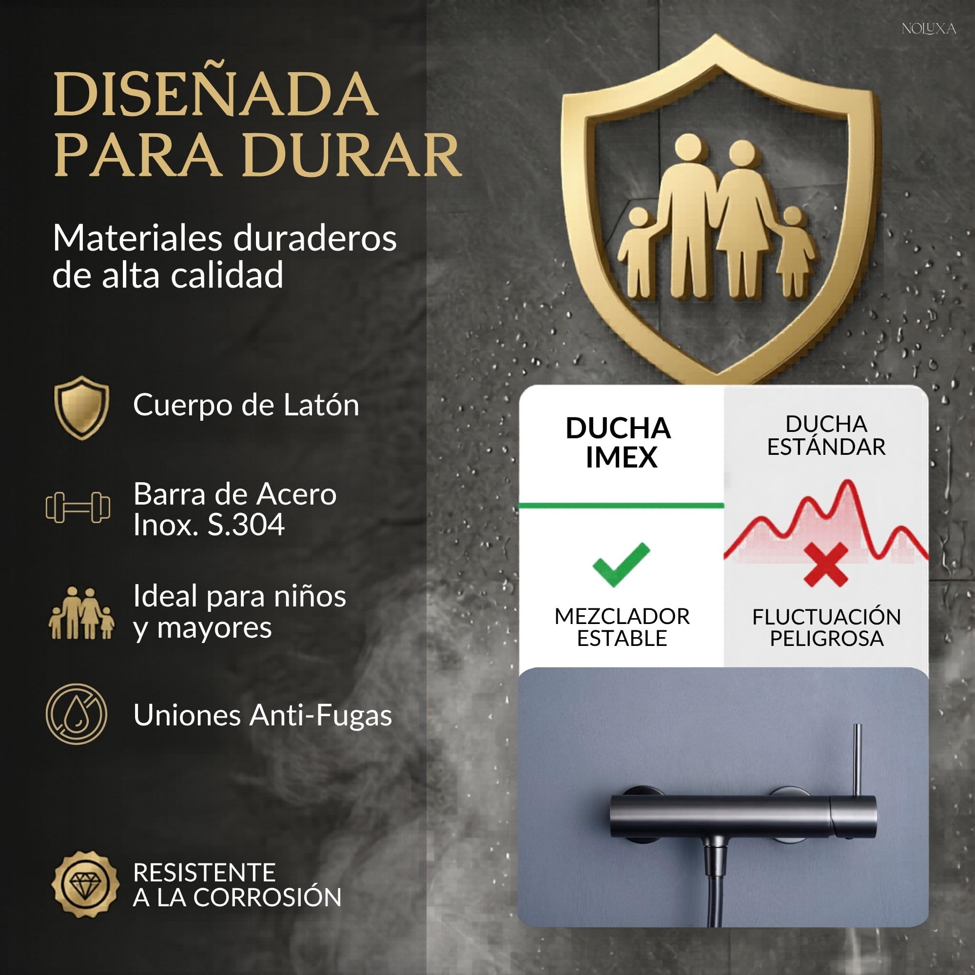 IMEX - Grifo de Ducha con Alcachofa y Manguera | Grifo Ducha Monomando Negro con Mezclador Agua Fría y Caliente | Grifería en Latón con Cartucho Monomando Cerámico | Serie Monza