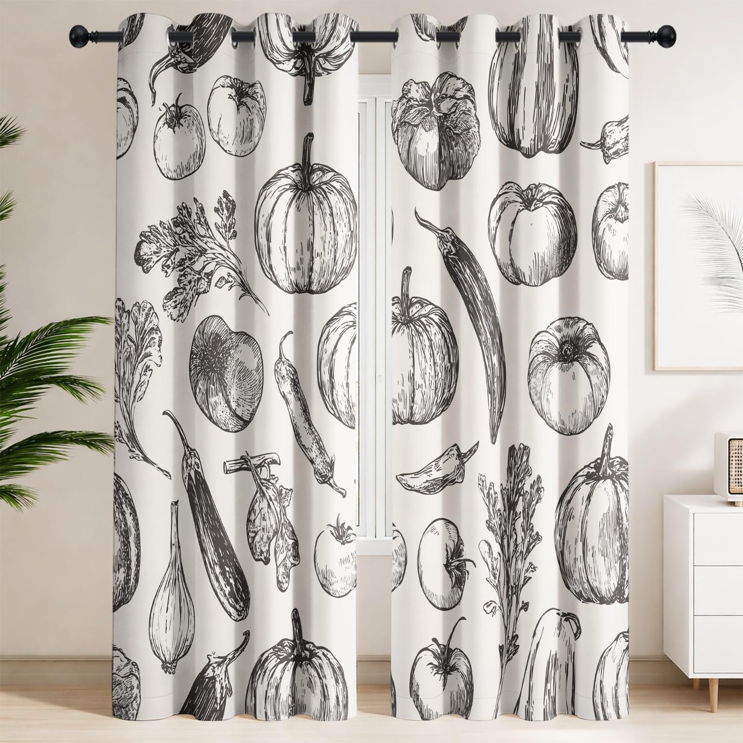 Generisch Früchte Gemüse Weiß Verdunklungsvorhänge mit Ösen Bauernhof Rustikal Blickdichte Gardinen Blackout Vorhang Thermo Weich für Schlafzimmer und Wohnzimmer 2er Set B 91.5 x H 214 cm