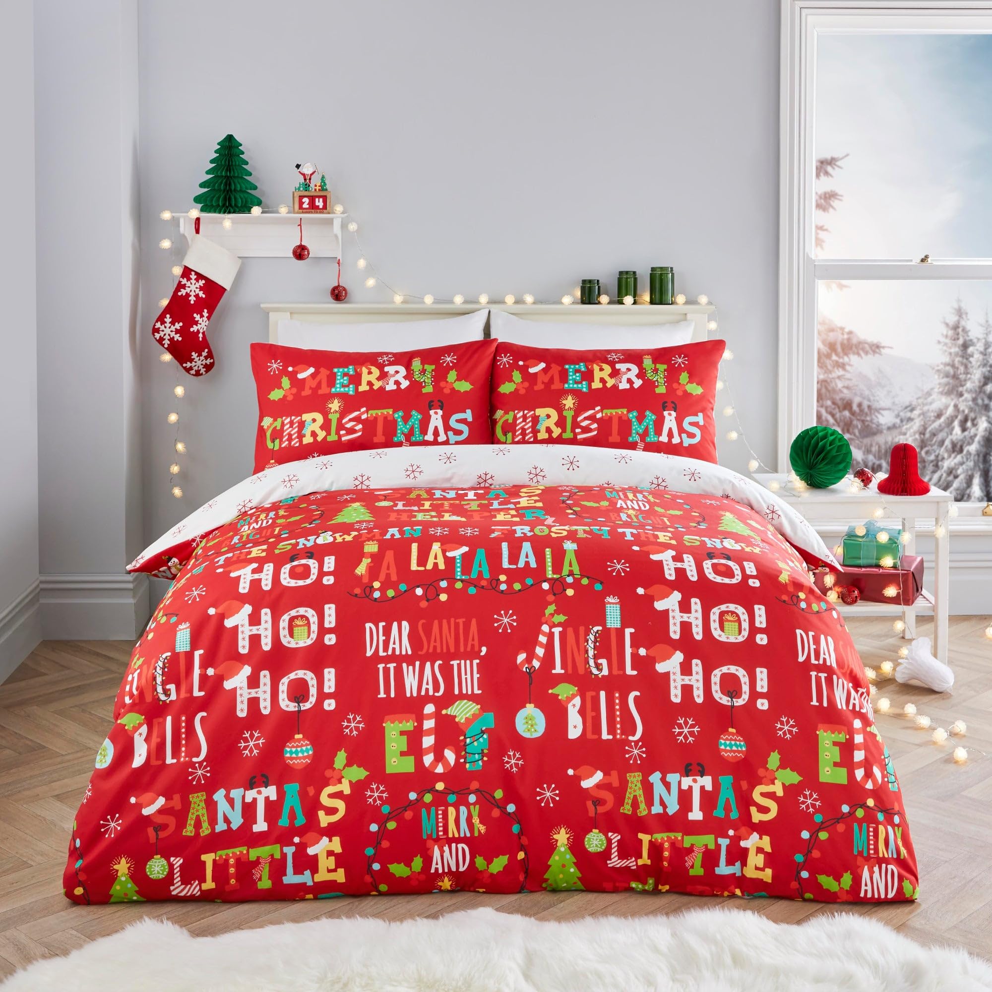 Fusion, Christmas Phrases Duvet Cover, King Bedding Size (230 x 220cm), Reversible (2 Designs), 2x Pillowcases Included