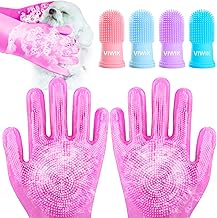 VIWIK Dog Bath Gloves with 4Pack Dog Toothbrush, Dog Grooming Kit, Dog Finger Toothbrush for Small Breed, Medium Large Dogs, Silicone Dog Washing Gloves with High-Density Teeth, Pink