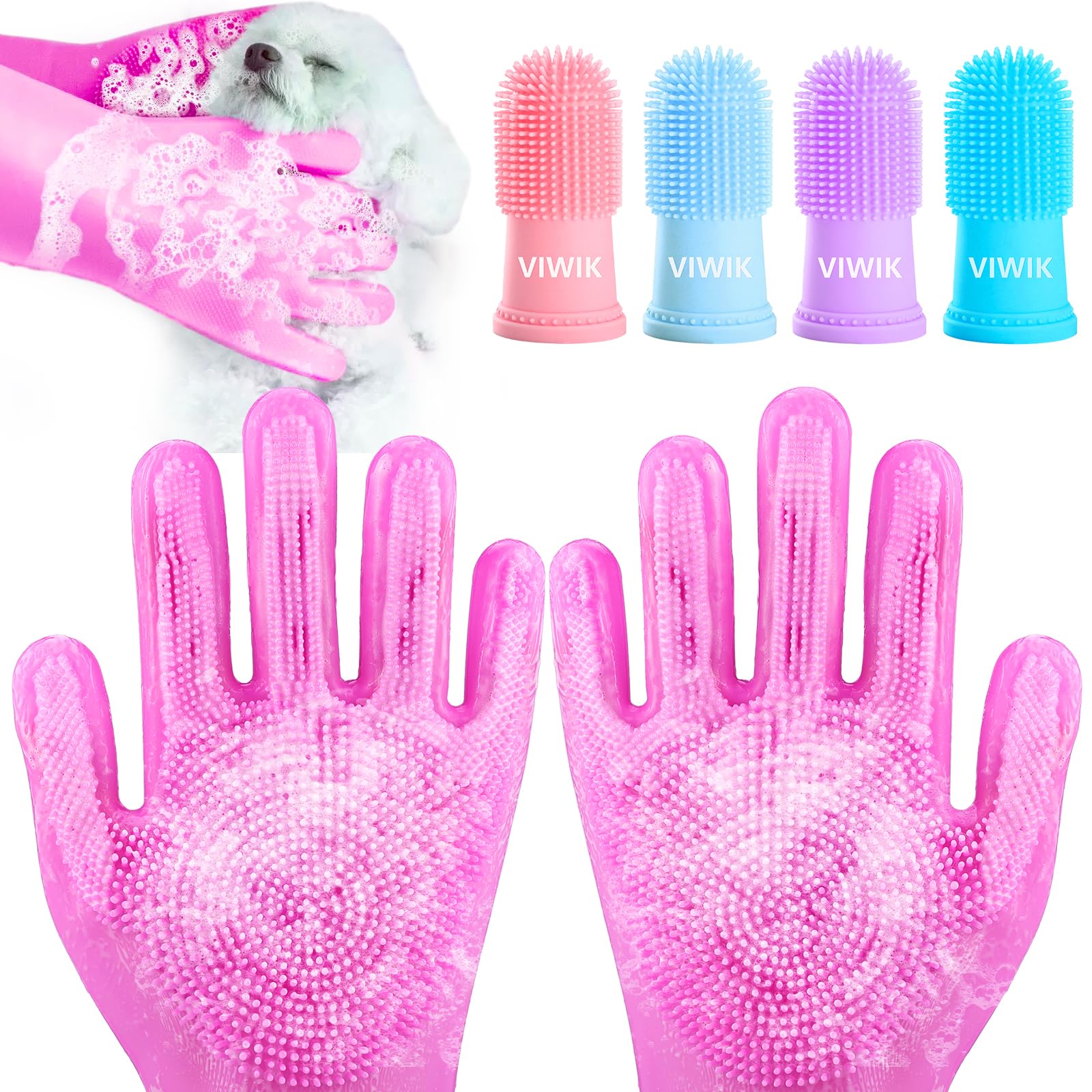 VIWIK Dog Bath Gloves with 4Pack Dog Toothbrush, Dog Grooming Kit, Dog Finger Toothbrush for Small Breed, Medium Large Dogs, Silicone Dog Washing