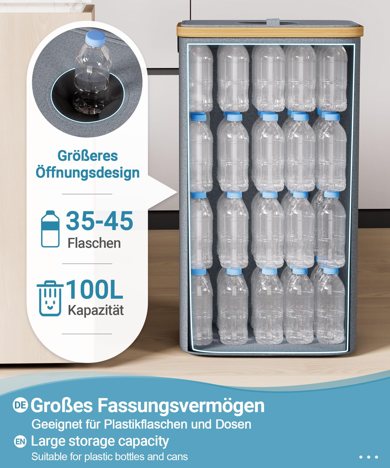 Yorbay 100L Pfandflaschen Sammelbehälter mit Deckel & 2 Tragetaschen, Pfandflaschen Aufbewahrung mit Bambusrahmen Fasst 35-45 Leere Flaschen, Flaschensammler mit Loch für Küche und Lagerraum, Grau Küche, Haushalt & Wohnen