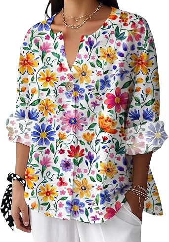 Linen Shirts for Women Boho Floral Printed V Neck Summer Tunic Casual Oversized 3/4 Sleeve Workout Vintage Tops
