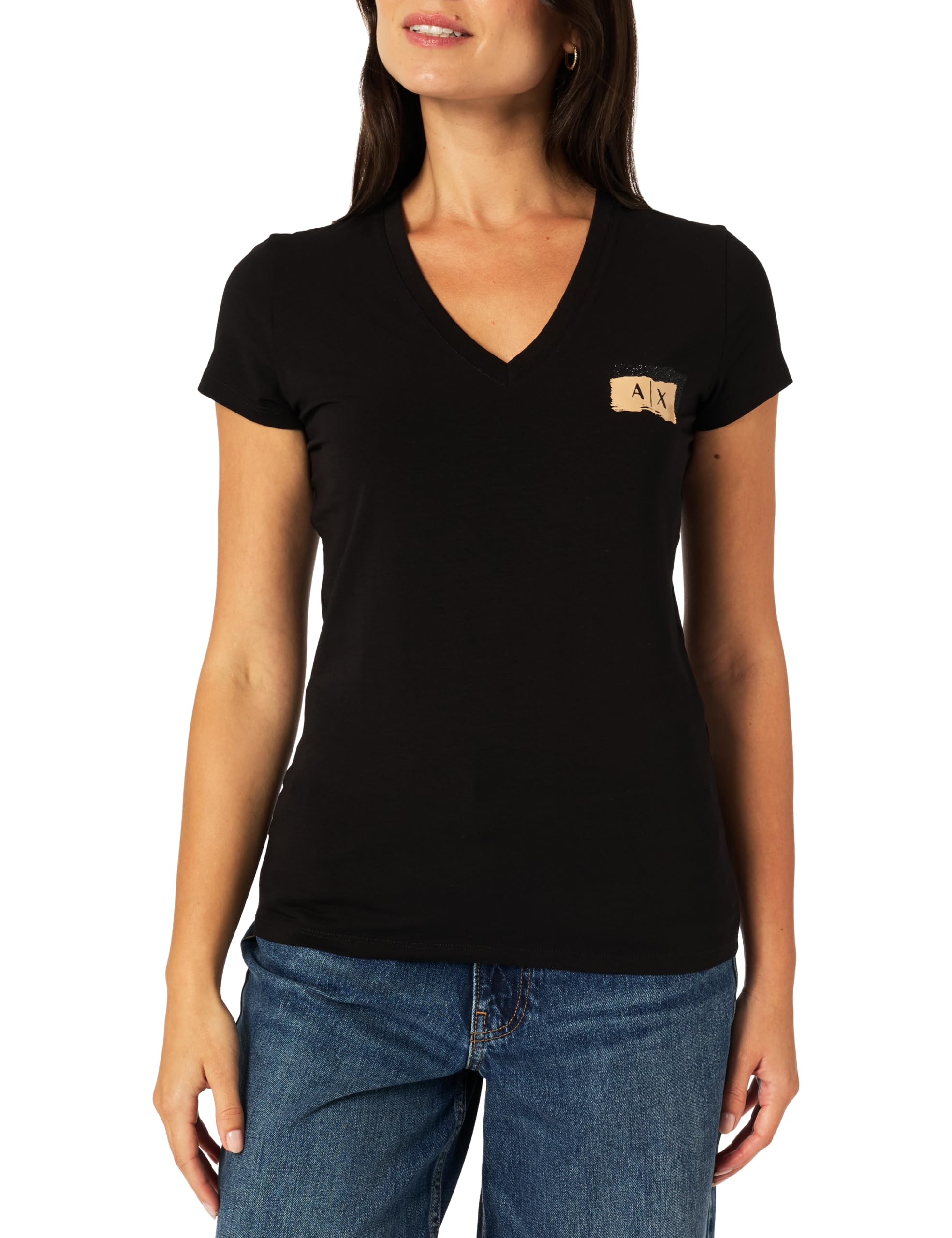 Armani Exchange Women's Black Salin De Giraud, Shiny Colour Contrast Logo T-Shirt, S