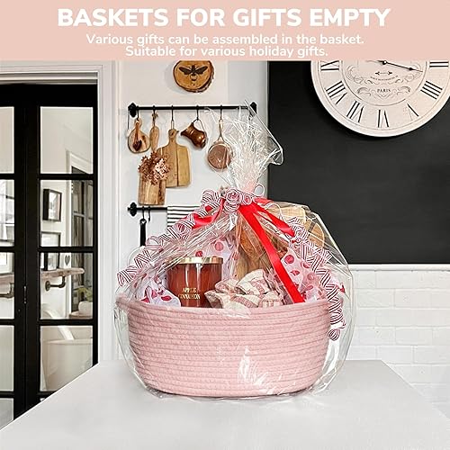 Miniatura 11 de Goodpick Cesta tejida pequeña, linda cuerda rosa, cesta de algodón para bebé, cesta de almacenamiento para habitación de guardería, caja de juguetes