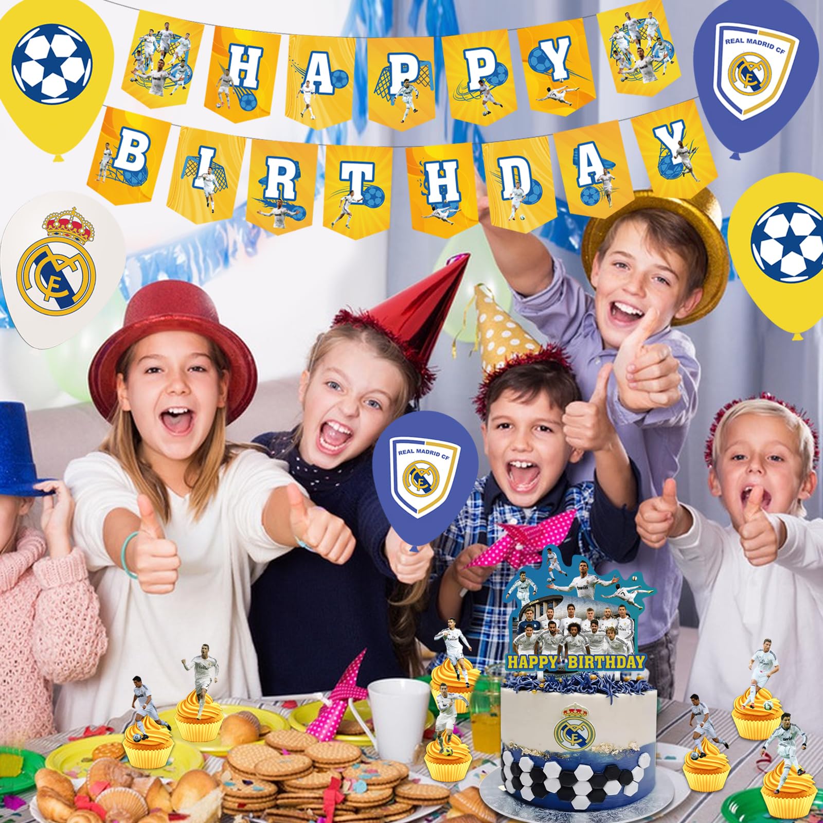 Real Madrid CF Themed Birthday Party Supplies,Soccer Team Balloons Decorations for Party Happy Birthday Balloons, Cupcake Toppers, Cake Toppers ,Madrid Soccer Latex Balloons