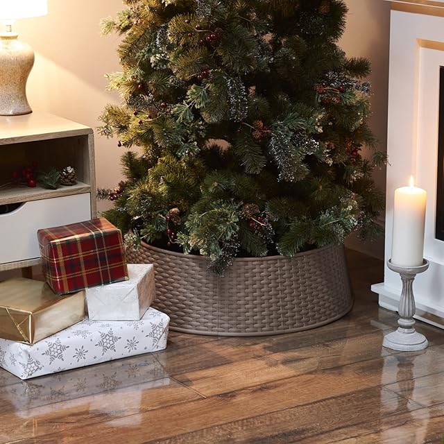SA Products Round Rattan Christmas Tree Skirt - Plastic Tree Stand Cover - Wicker Tree Basket & Bottom Cover for Indoor or Outdoor Trees - Rustic Xmas Skirt for Tree - 65x57x19.5cm, Medium - Brown