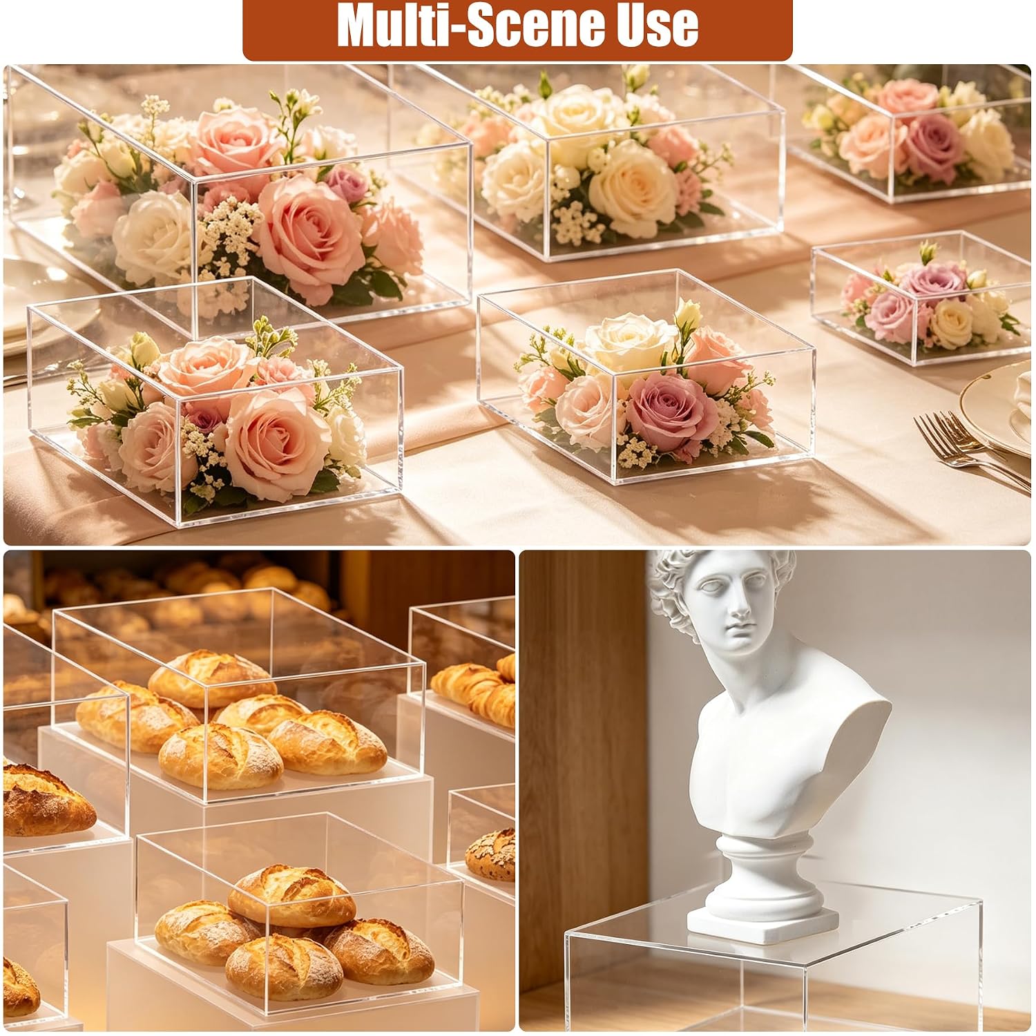 6Pcs Clear Acrylic Risers Display Stands (6"-11") | Food Service Display Risers | Acrylic Display Box, For Catering Supplies Buffet, Dessert, Cosmetics, Jewelry Showcase, Collectibles and Party