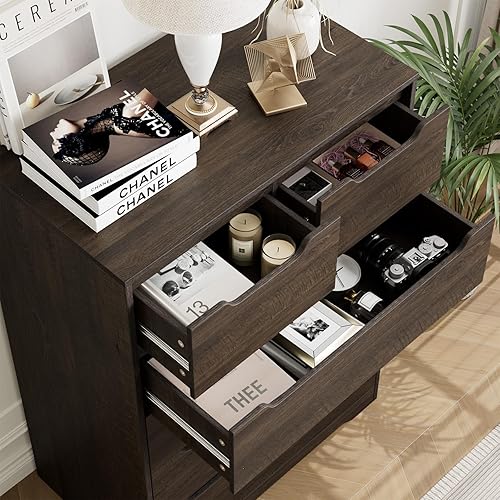 Miniatura 7 de HOSTACK Cómoda moderna de 5 cajones para dormitorio, cómoda con almacenamiento, organizadores de cofre de almacenamiento de madera con asas