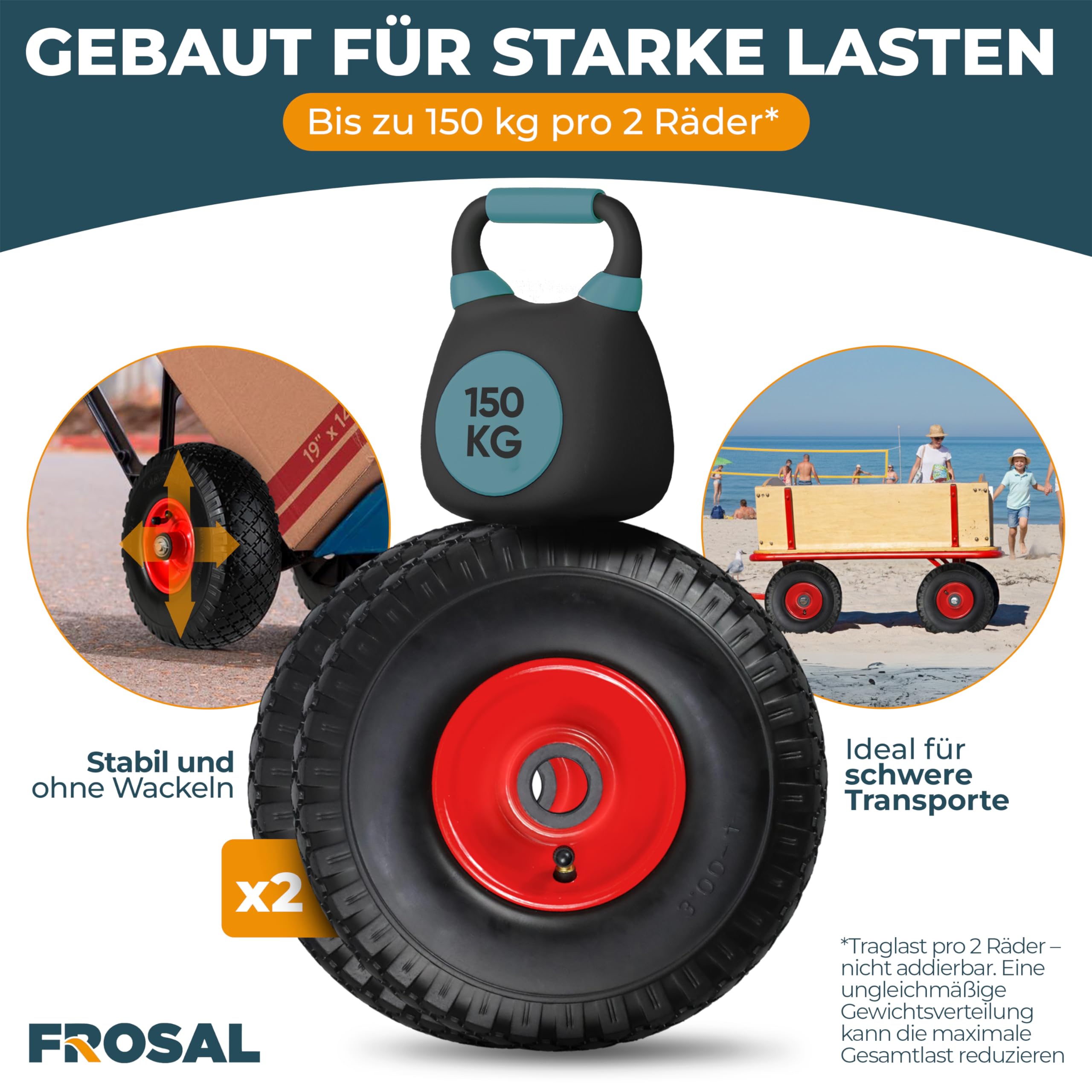 FROSAL 2x Luftrad 260mm (3.00-4) mit roter Stahlfelge – Ersatzrad für Bollerwagen & Sackkarre – Luftreifen mit Rollenlager, 20mm Achse – belastbar bis 150kg