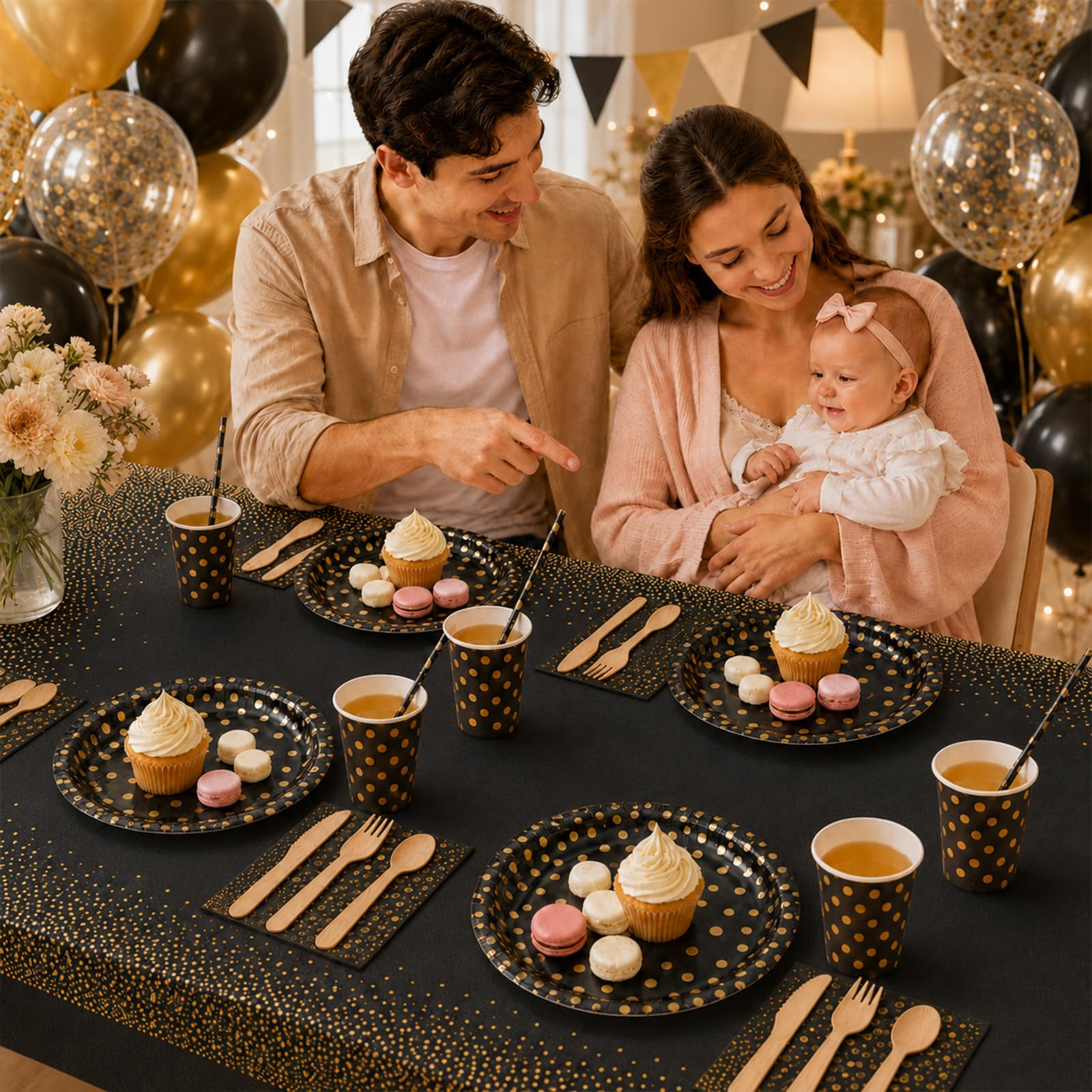 Nkaiso 193 Stück Schwarzesgold Pappteller Partygeschirr Set -24 Gäste – Ansicht 3