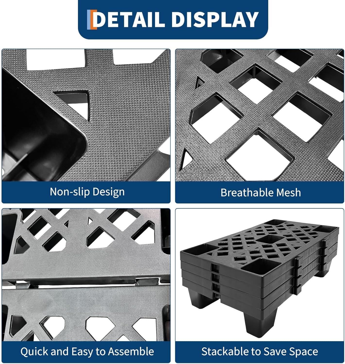 6 Pcs Plastic Pallets, 6 Pack Lightweight Nestable Stackable Floor Pallets, Interlocking Floor Tiles HDPE Grid Pads for Basement, Garage, Warehouse, Black, 19.7" x 11.8" x 3.9"