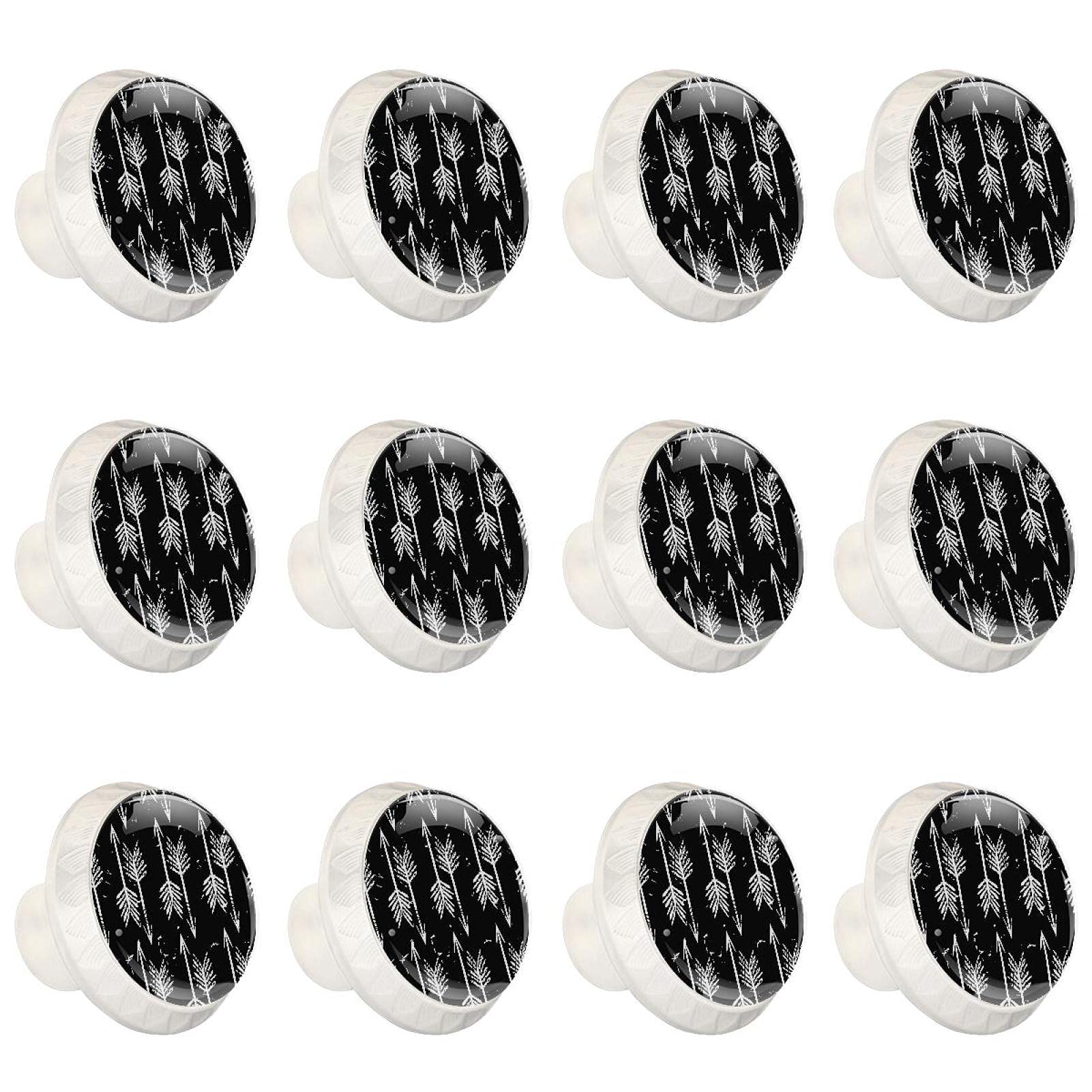 Poignée boutons de placard décoratifs ronds motif flèches blanches sur fond noir lot de 12