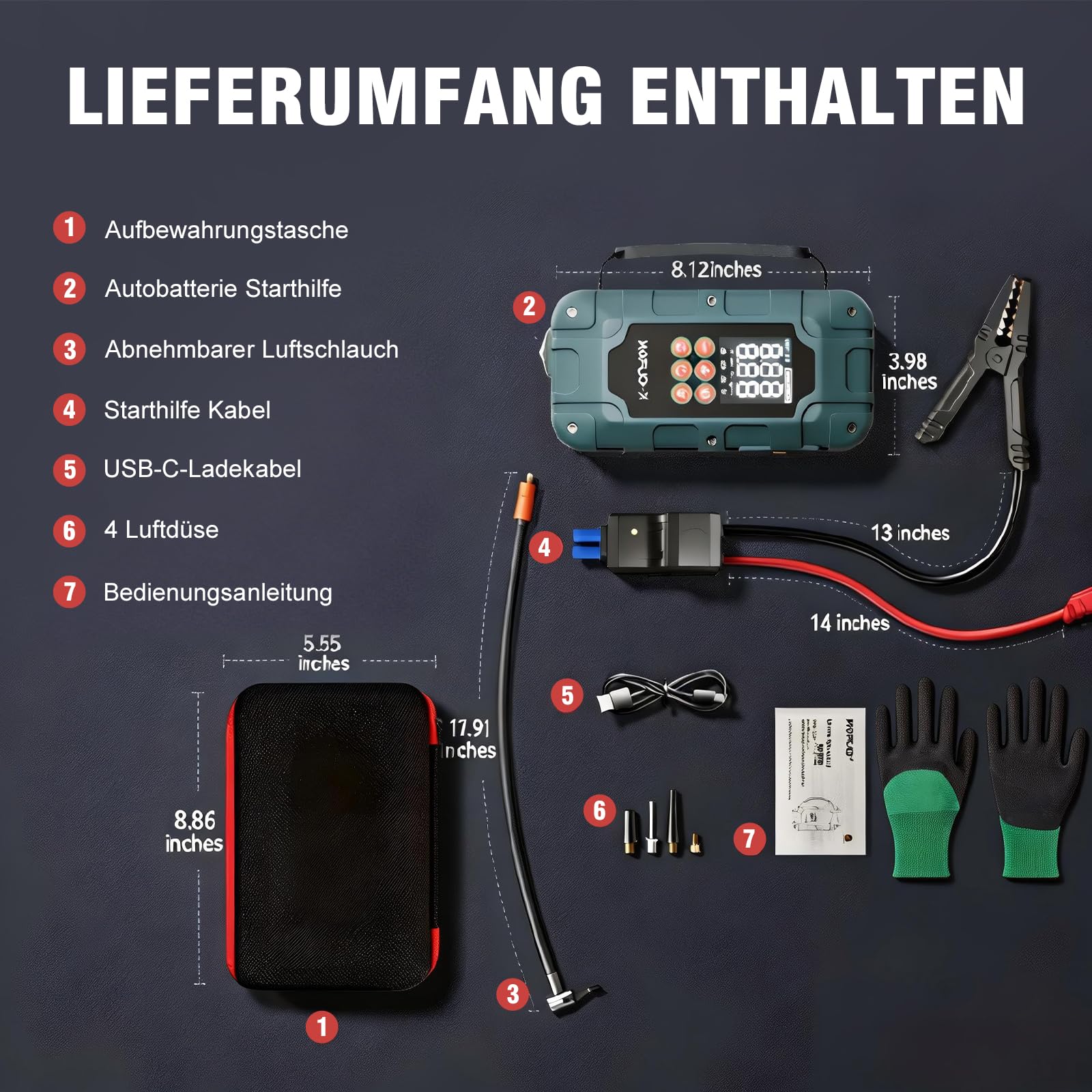 7000A Starthilfe Powerbank für PKW mit Kompressor für 12V Autos | 8000mAh 150PSI Handgriff Auto Starthilfe Powerbank für 8L Benzin & 6.5L Diesel, Jump Starter mit 3 USB-Ausgägen, LED-Licht