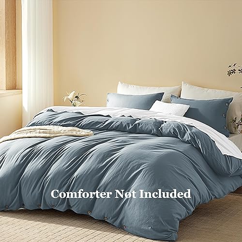 Miniatura 2 de SunStyle Home Juego de funda de edredón tamaño Queen con cierre de botones, color azul y gris, 100% microfibra, juego de funda de edredón de 3
