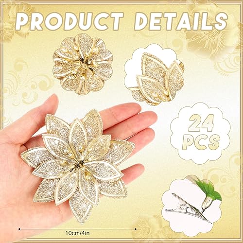 Miniatura 9 de Lyrow 24 flores de Pascua artificiales con purpurina de Navidad con clips de 4 pulgadas, decoración de flores de Navidad de 4 pulgadas, coronas de