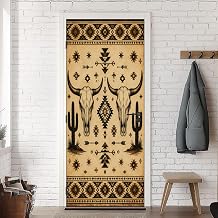 3D Door Mural Western Desert Skull Cactus Tribal Geometric Design Vintage Peel and Stick Vinyl Wallpaper Self-Adhesive Door Sticker Wall Decals for Farmhouse Vintage Decor, 30.3" x 78.7"
