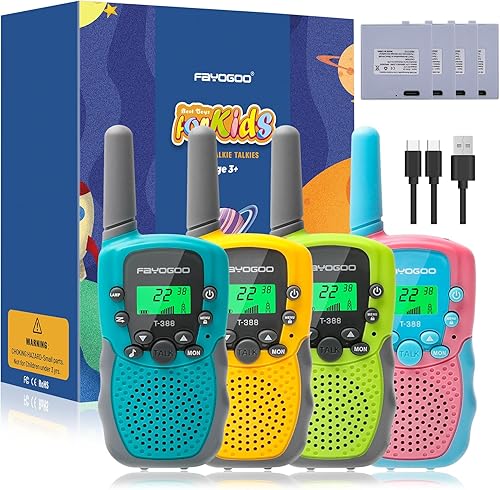 Walkie Talkies para niños de largo alcance 2 millas, paquete de 4 walkie talkies recargables para niños con linterna, juguetes regalos para niños de