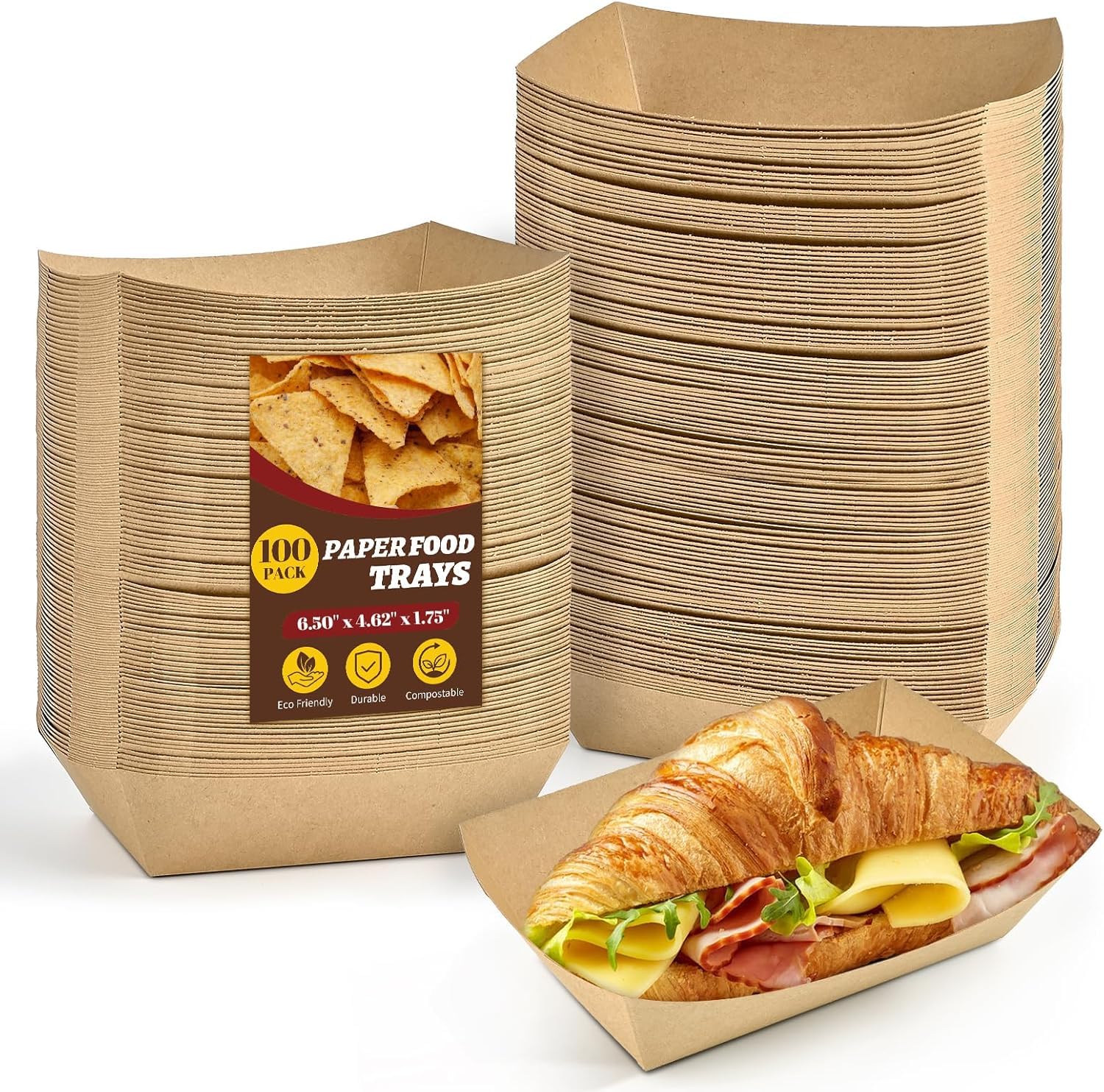 LATERN 100 Pièces Plateaux en Papier Kraft, 16CM x 12CM Bateaux en Papier Très Résistants Boîte de Service Jetable pour Frites Nachos Snack Hot Dog Taco Popcorn Barbecue Pique-Nique Mariage Fêtey