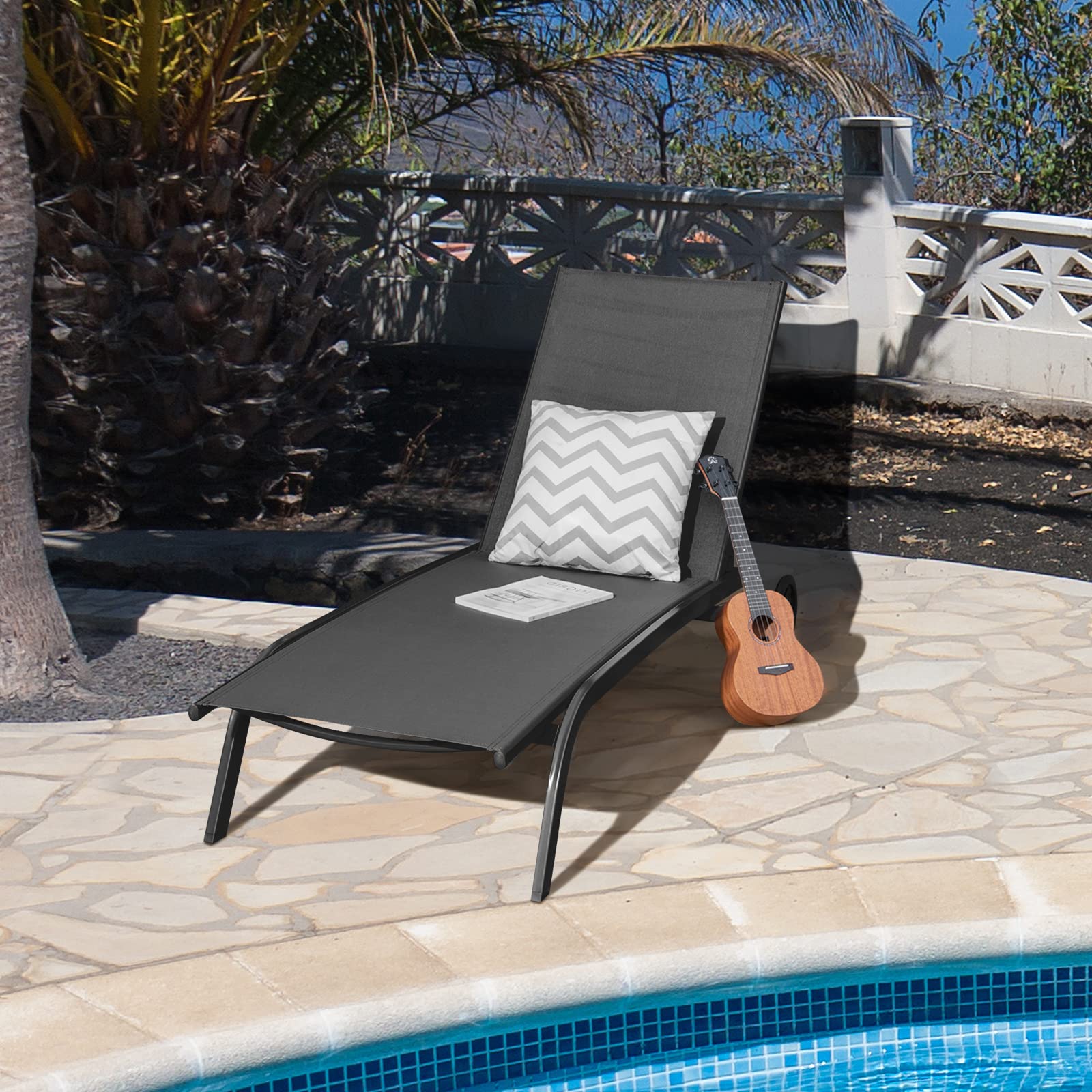 GIANTEX Lettino Prendisole con Ruote, Sedia a Sdraio Regolabile in 6 Posizioni per Giardino, Balcone e Piscina, Portata fino a 150 kg, 191 x 61 cm, 3 Colori (Nero)