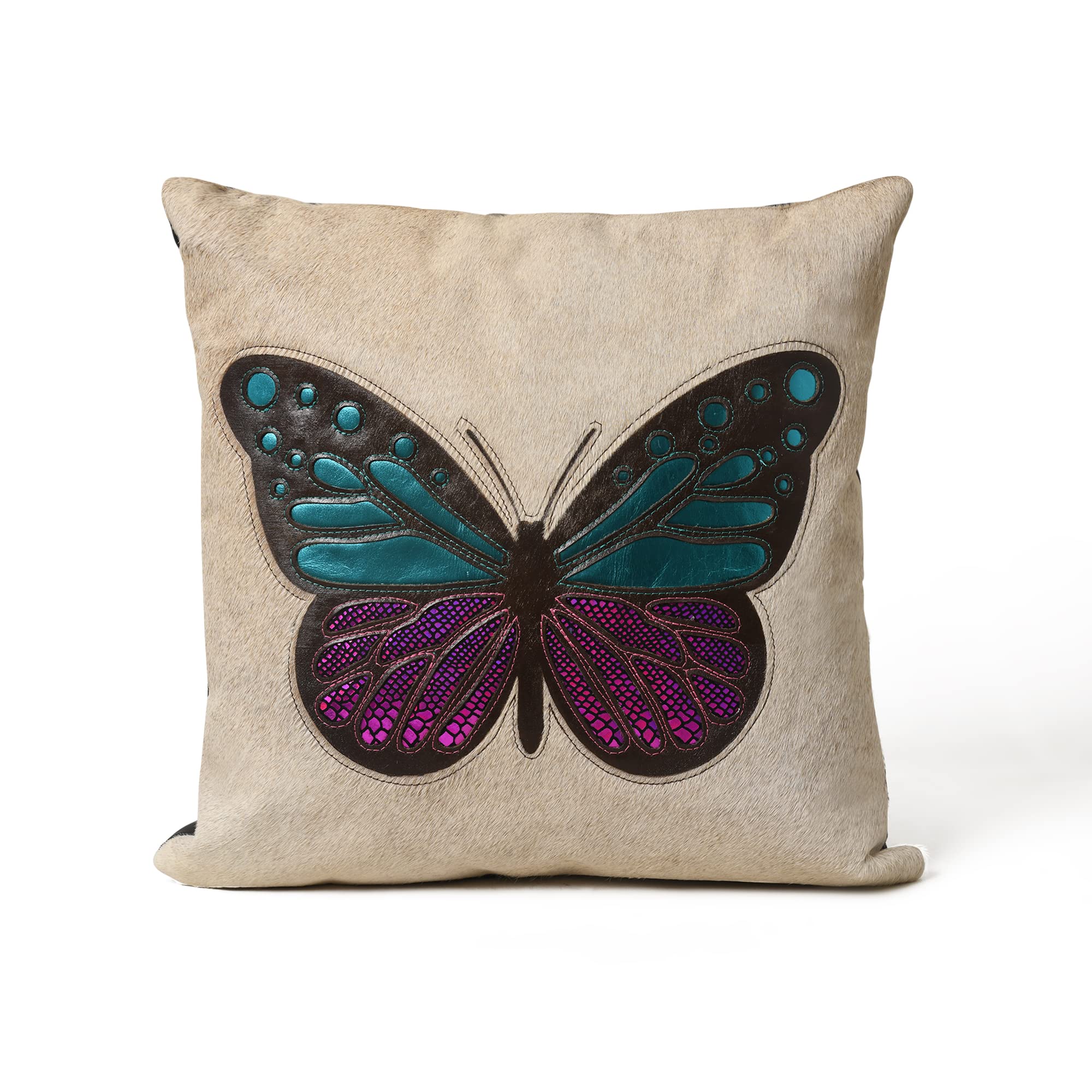 MOUSM Real Leather Cushion Cover Engrave Design Cut of Butterfly havingTeal and Pink Metalic Leather Inlay on White Real Hair-on Set of (2)