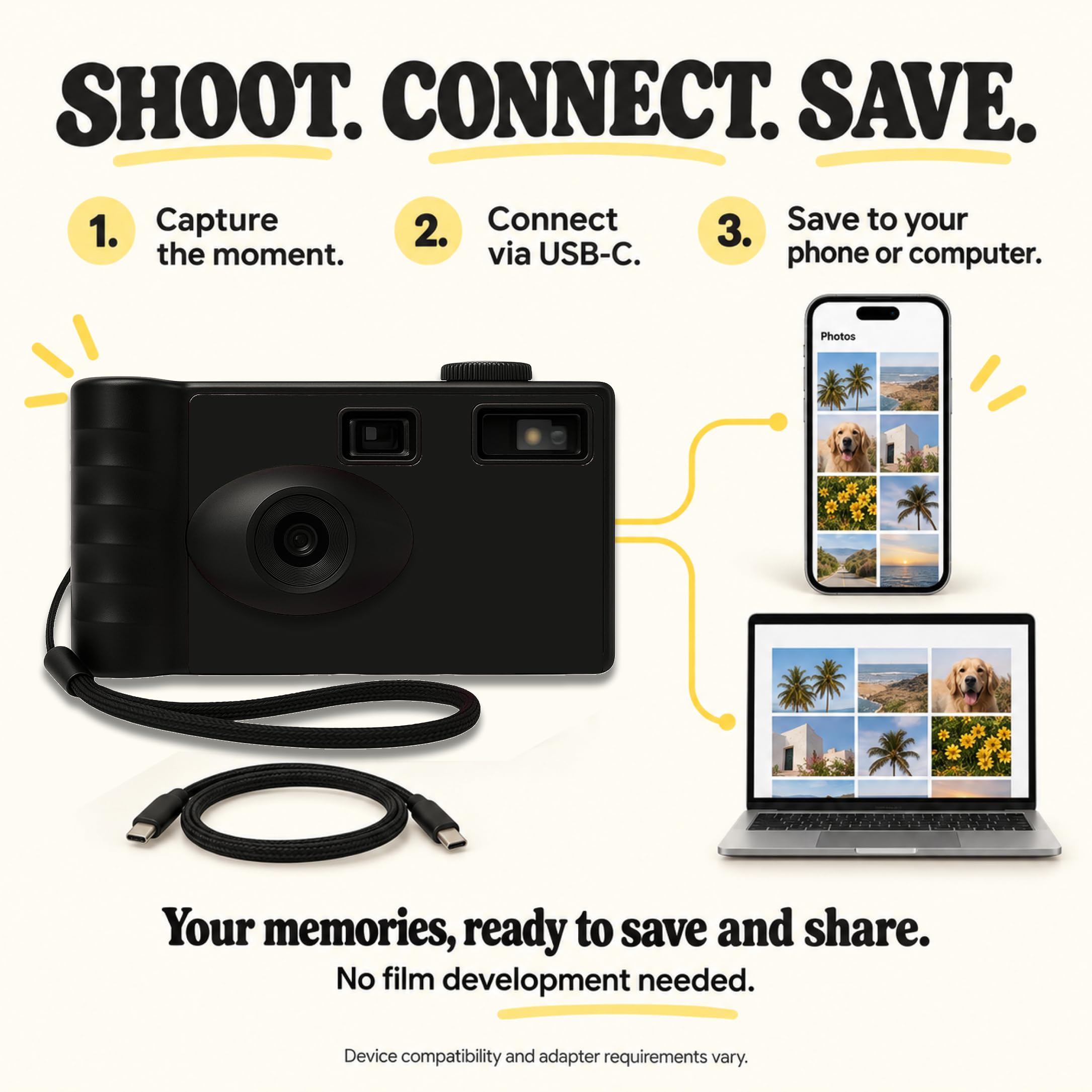 LENSY Appareil photo numérique sans écran | Quatre filtres intégrés | Rechargeable, 8 MP, léger, sans mise au point, clignotement automatique, facile à utiliser, réutilisable, photos de style film