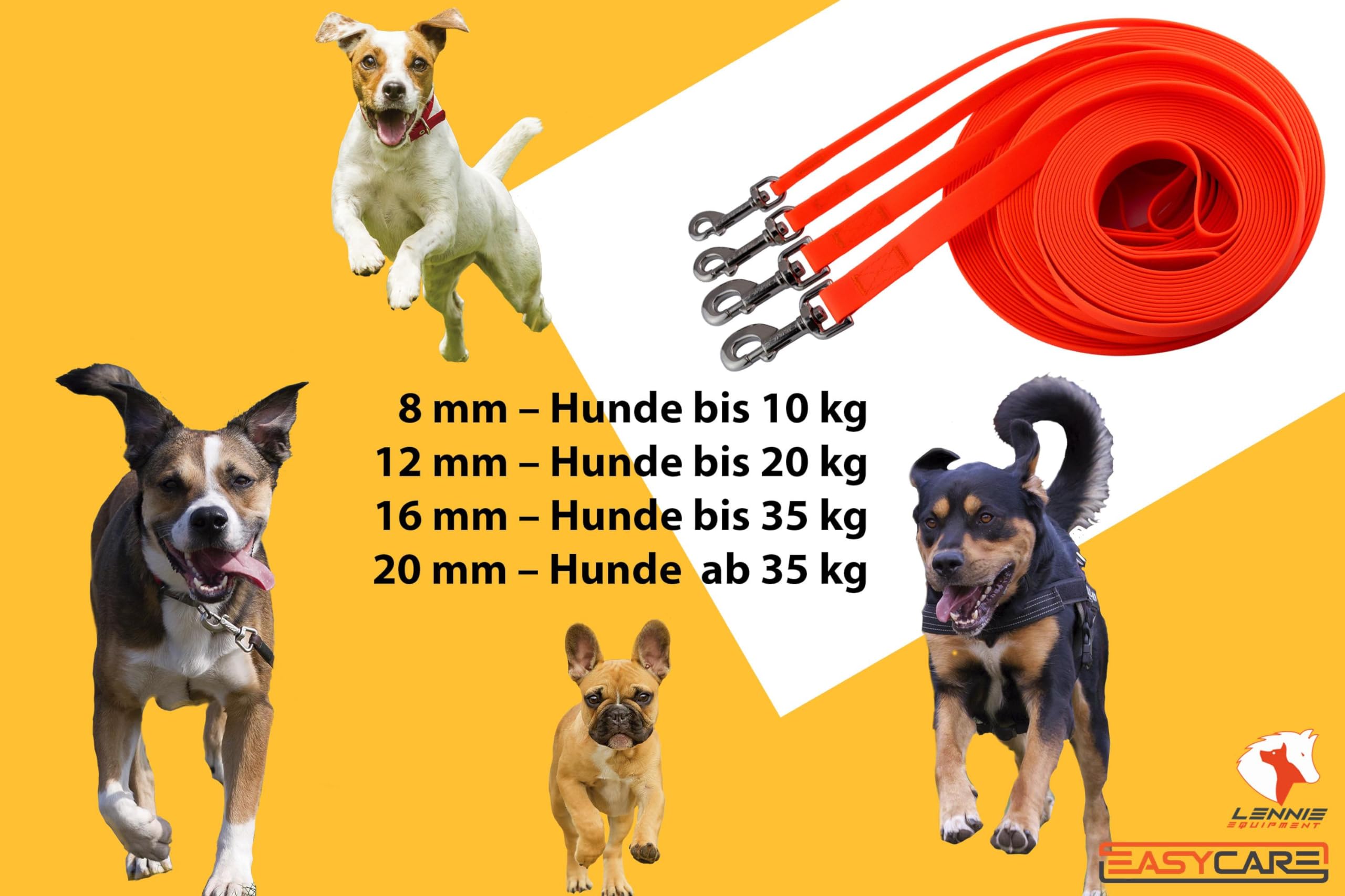 LENNIE Correa impermeable para perros pequeños y grandes, fabricada en Alemania, Easycare, 5 m, 8 m, 10 m, 15 m, con correa de mano, ligera, robusta [naranja neón, 8 mm (hasta 10 kg), 15 m]