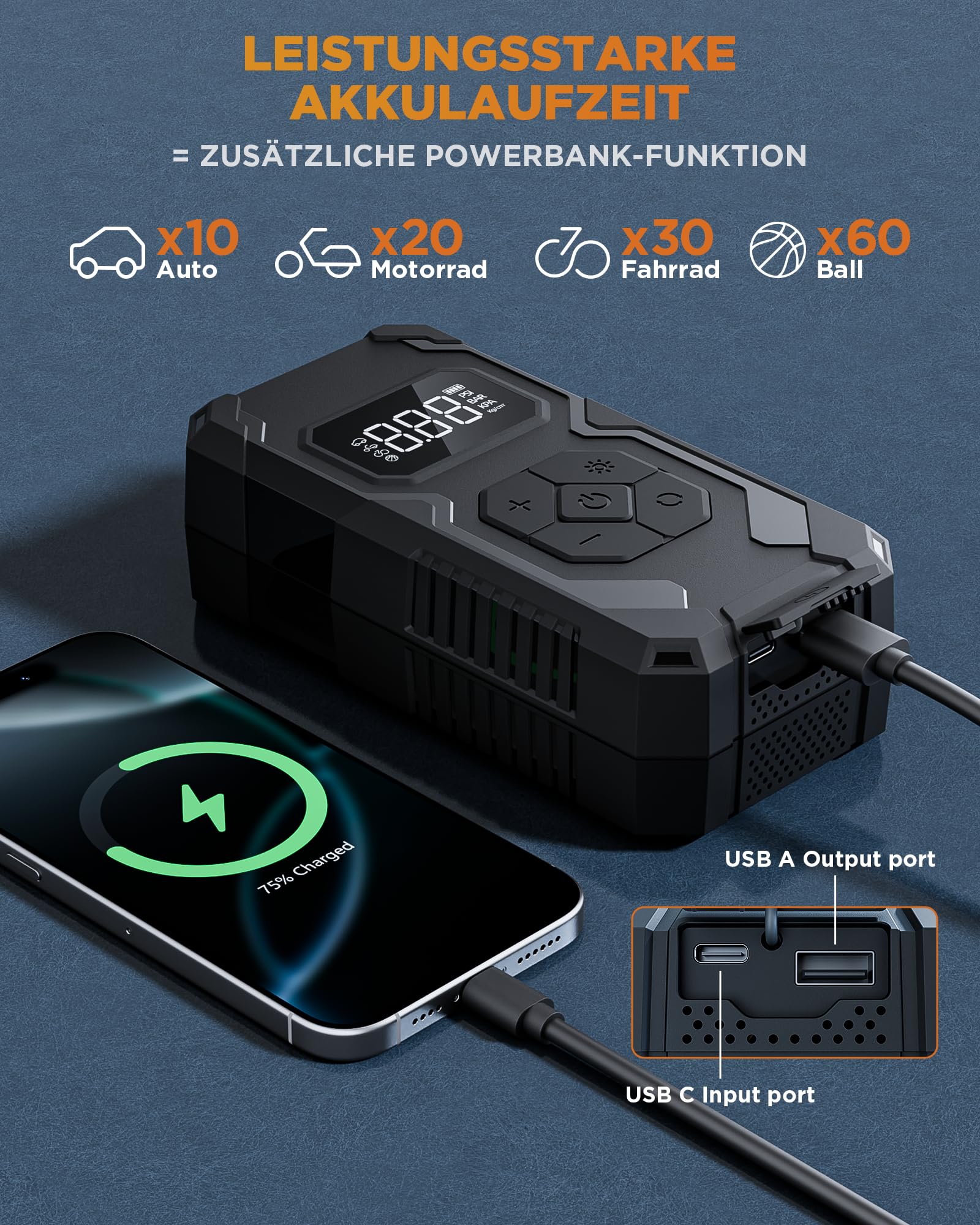 Elektrische Luftpumpe 150PSI Tire Inflator Portable, Akku Kompressor mit Manometer, Fahrradpumpe Elektrisch wiederaufladbar Reifenfüller für Auto, Fahrrad, Motorrad, Bälle, Schwarz