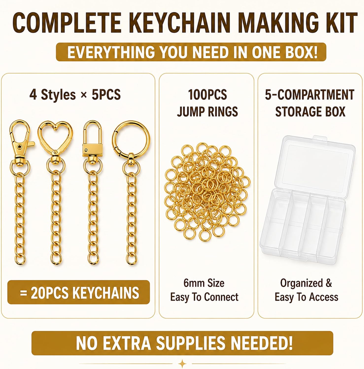 Eikovia 20Pcs Gold Keychain Making Kit – Swivel Snap Hook Chains for DIY Jewelry Crafts, Bag Charm Supplies with 100 Key Rings & Storage Box