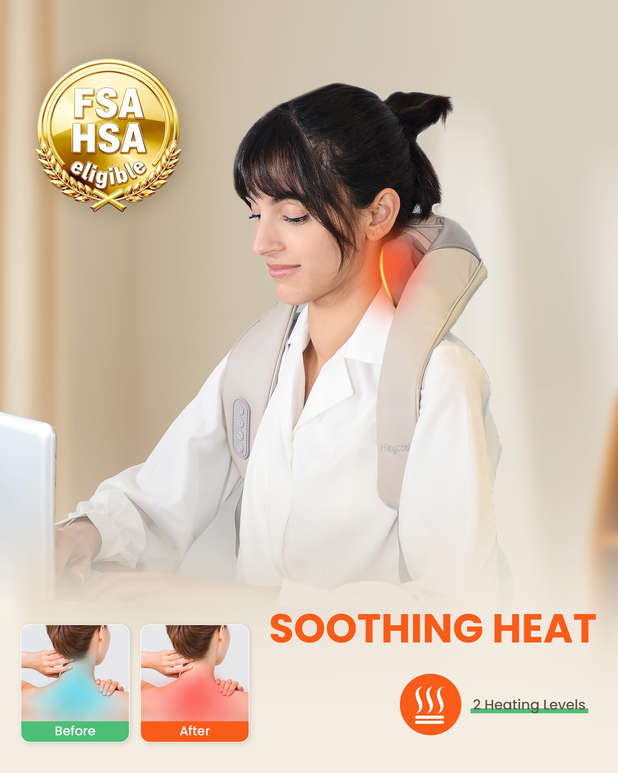 Heycool Cordless Battery Powered Neck Massager with Heat, Shiatsu Kneading, 4D Deep Massage for Neck and Shoulder Pain Relief, Grey, Modern Design 2