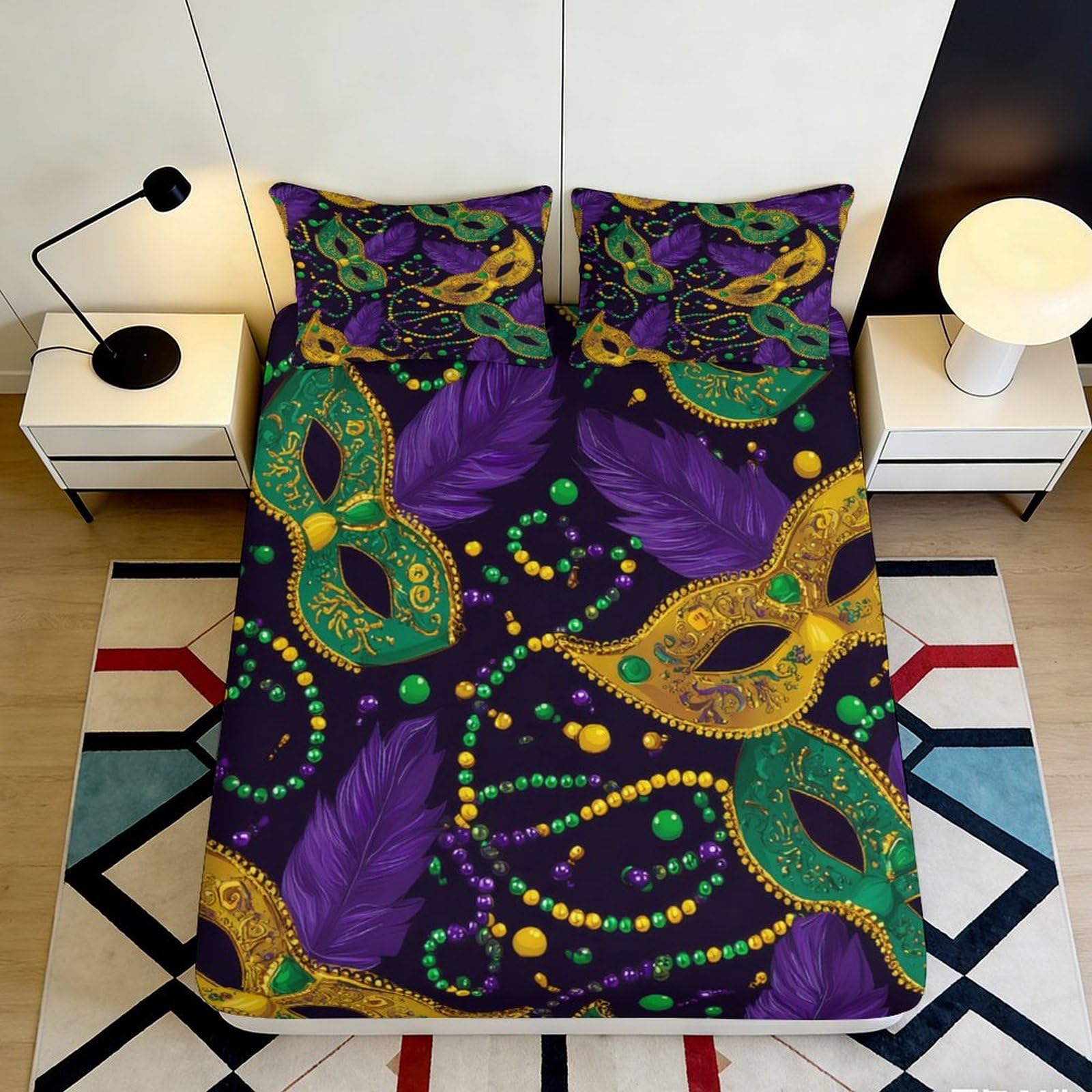 3D Printed Carnival Mask Fitted Sheet Microfiber Deep Pocket Bedroom Full Wrap Carnival Mask Mattress Fitted Cover for All Ages 120x200x25cm