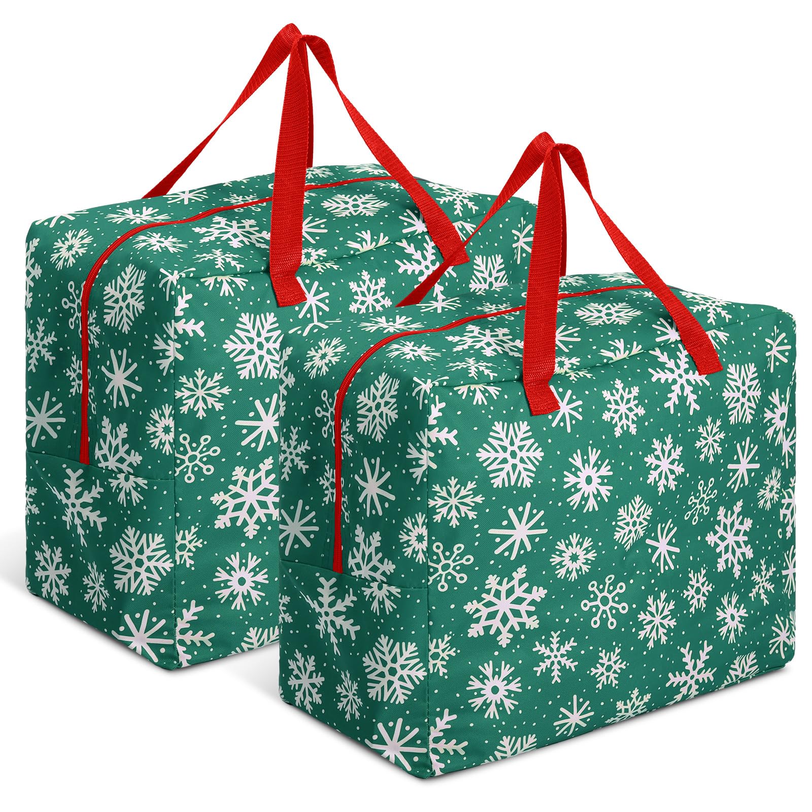 Kajaia 2 contenitori per ornamenti natalizi, 45 x 38 x 25 cm, con fiocco di neve, accessori natalizi, a prova di strappo, organizer con manici, cerniera a tutta lunghezza (verde)