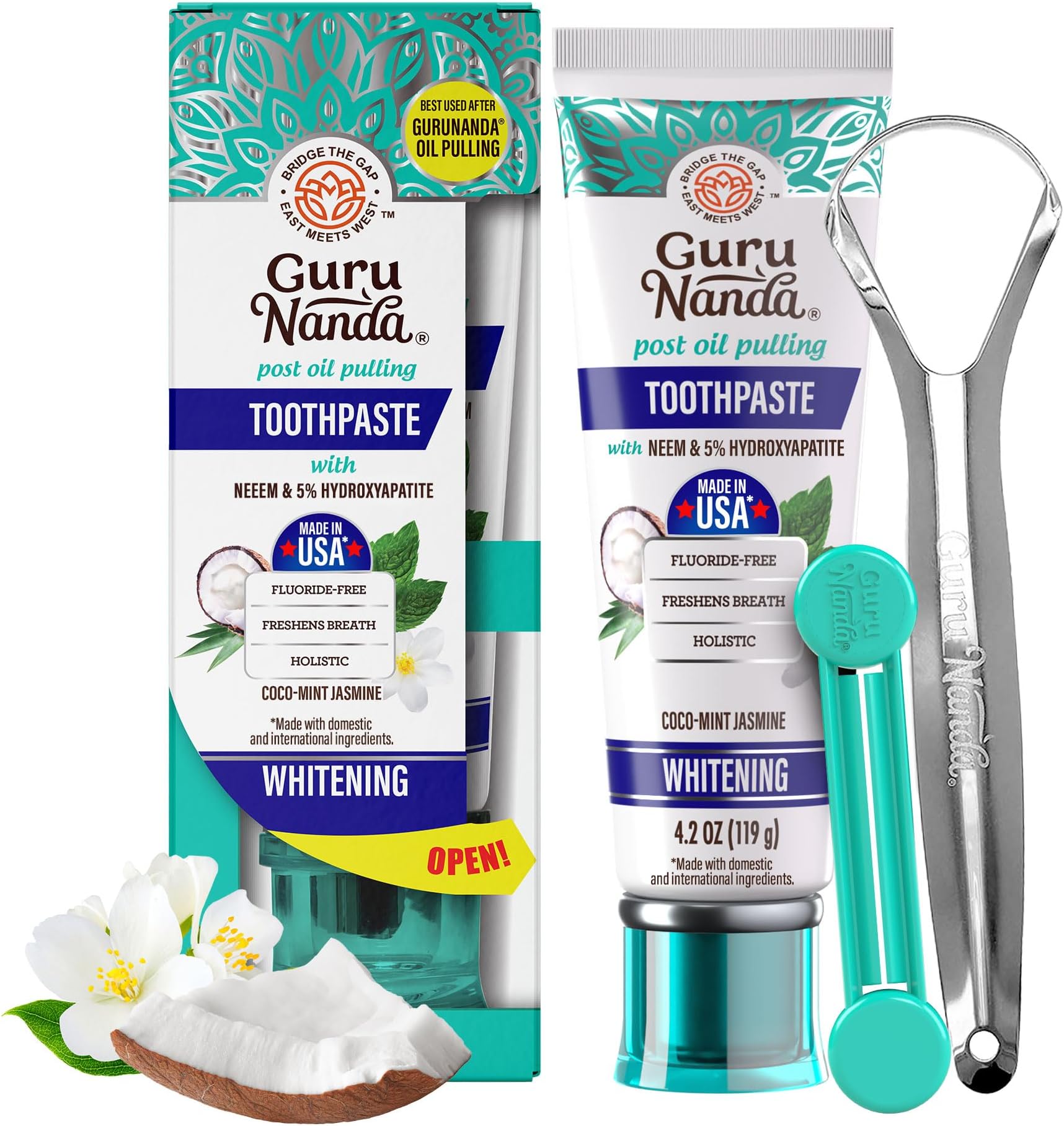 GuruNanda Hydroxyapatite Toothpaste, SLS & Fluoride Free, Whitening Toothpaste with Tongue Scraper & Squeezer - Freshens Breath, Fights Plaque - Natural CocoMint Jasmine Neem, 124 ml