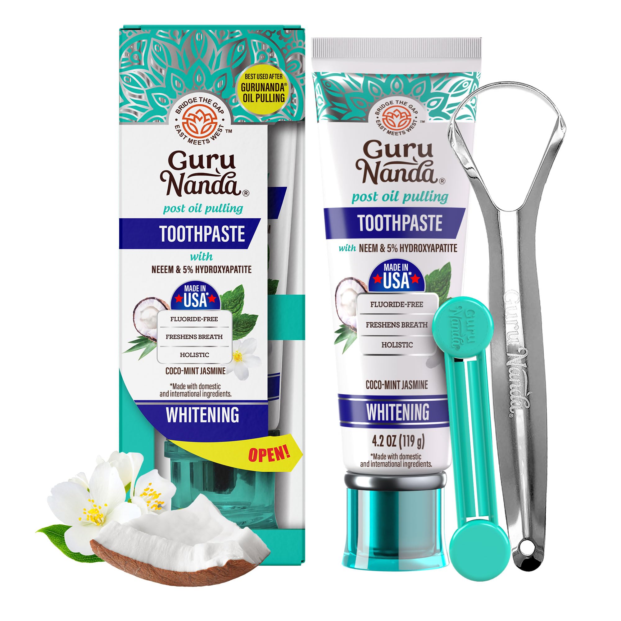 GuruNanda Hydroxyapatite Toothpaste, SLS & Fluoride Free, Whitening Toothpaste with Tongue Scraper & Squeezer - Freshens Breath, Fights Plaque - Natural CocoMint Jasmine Neem, 124 ml