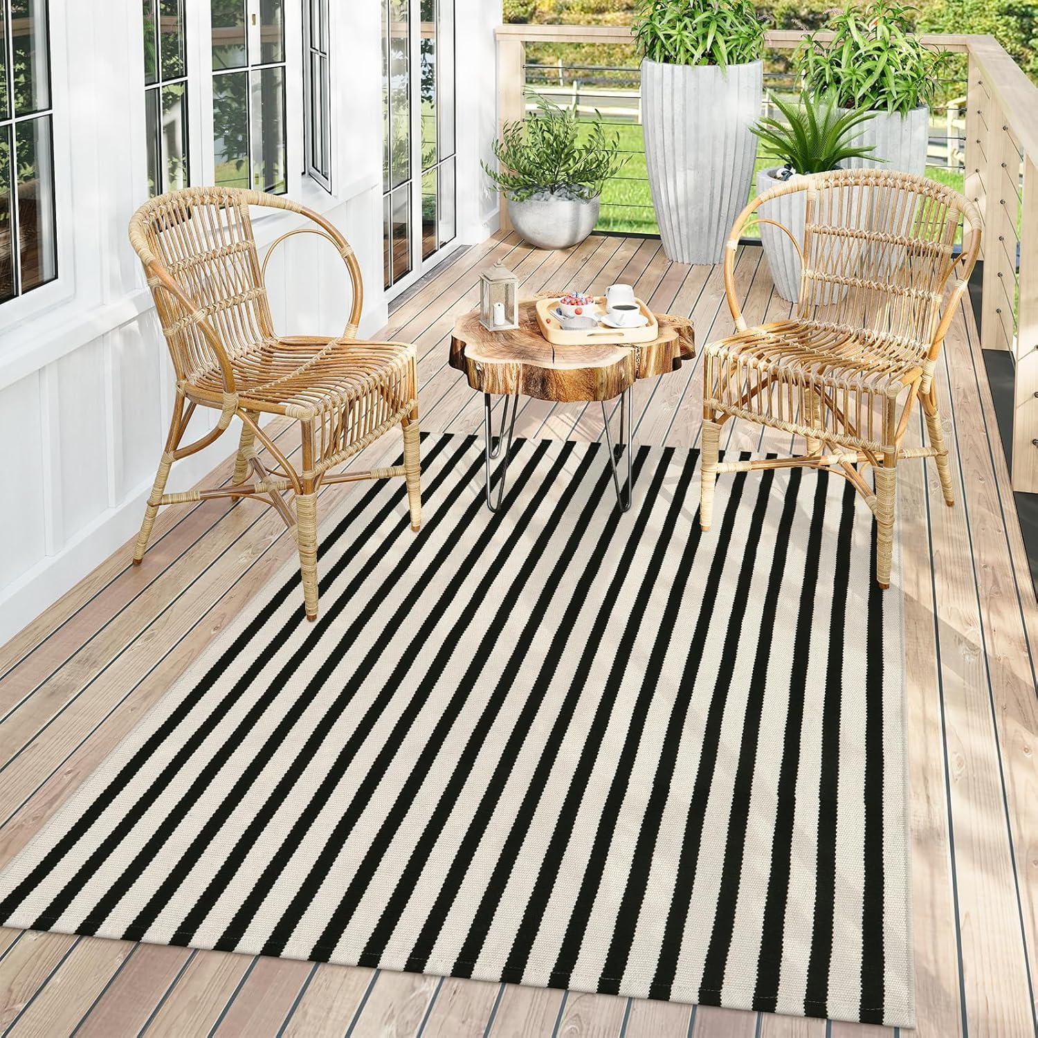 Indoor Outdoor Rug 3x5 Front Door Mat Outdoor Cotton Welcome Mat Outdoor Farmhouse Layered Mat Washable Stripe Outdoor Mats for Entrance Front Door Porch Balcony(Black/Tan) — view 11