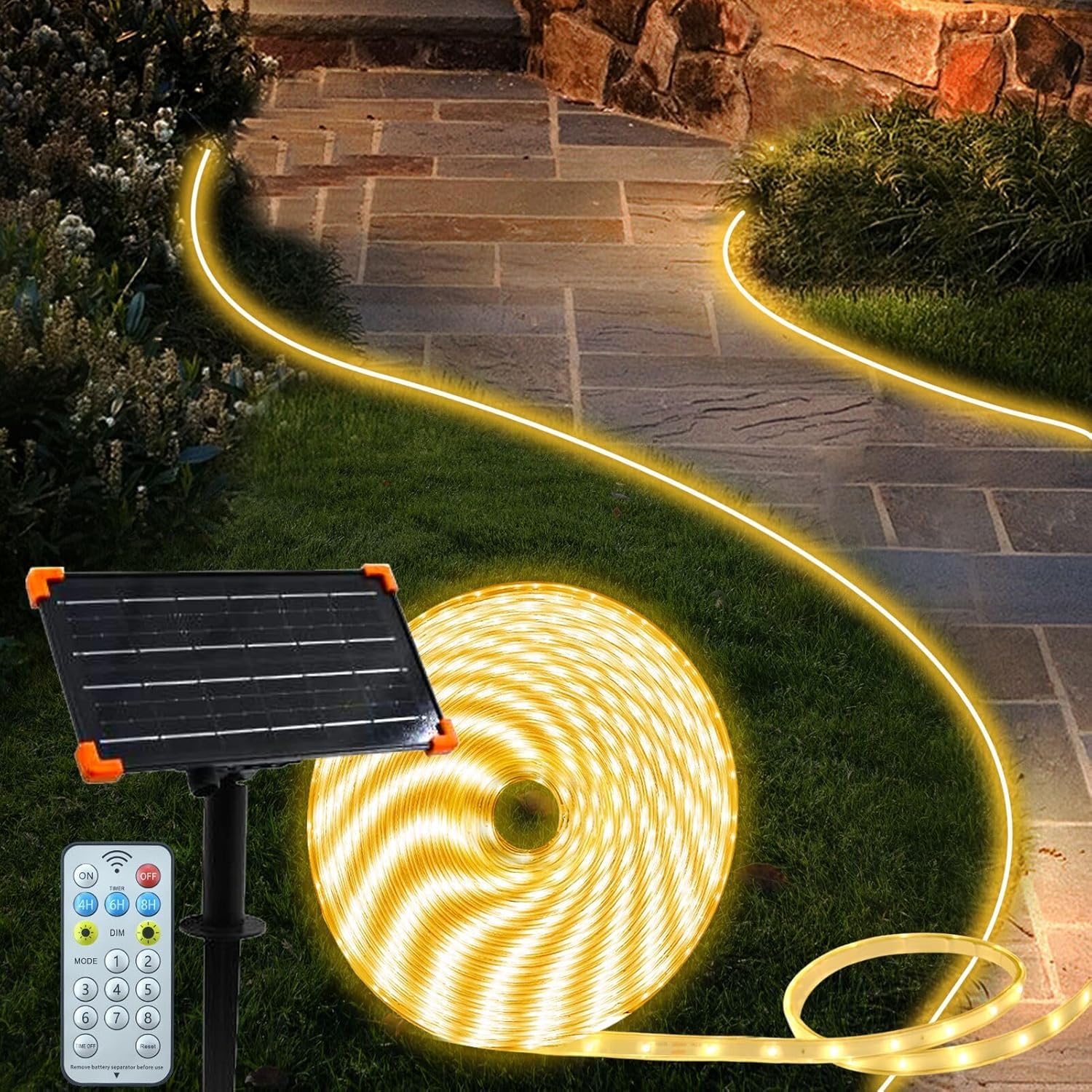 DBFAIRY 15M Solar LED Streifen Außen, 540 LED Streifen Aussenbereich, IP68 Wasserdicht Solar LED Band mit Fernbedienung Timer, LED Strip für Garten, Terrasse, Balkon Deko (Warmweiß)