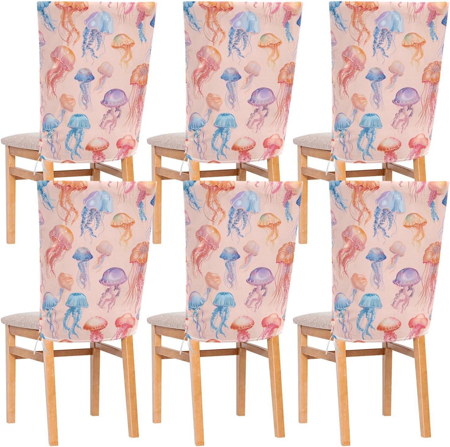 ALAZA Colorful Jellyfish Chair Back Cover Set of 6, Washable Reusable Removable Chair Slipcovers Decorative Chair Cover for Home Kitchen Wedding Party