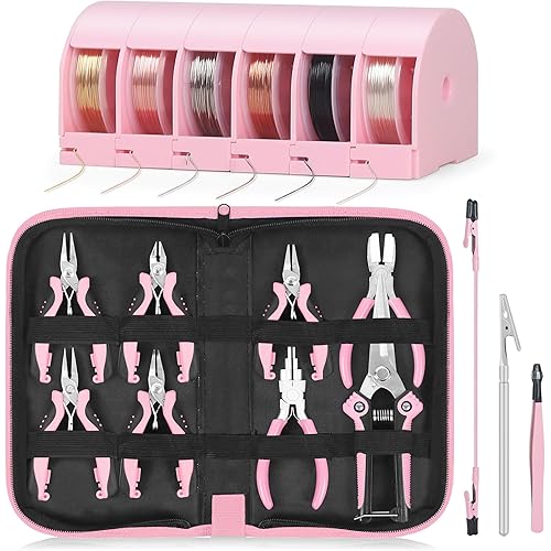Toolour Jewelry Pliers Set Jeweler Making Tools with 6 Rolls Beading Wire Kit for Jewelry Supplies DIY Hobby Repair Crimping Wrapping,Pink Professional Craft Pliers for Adults Beginner