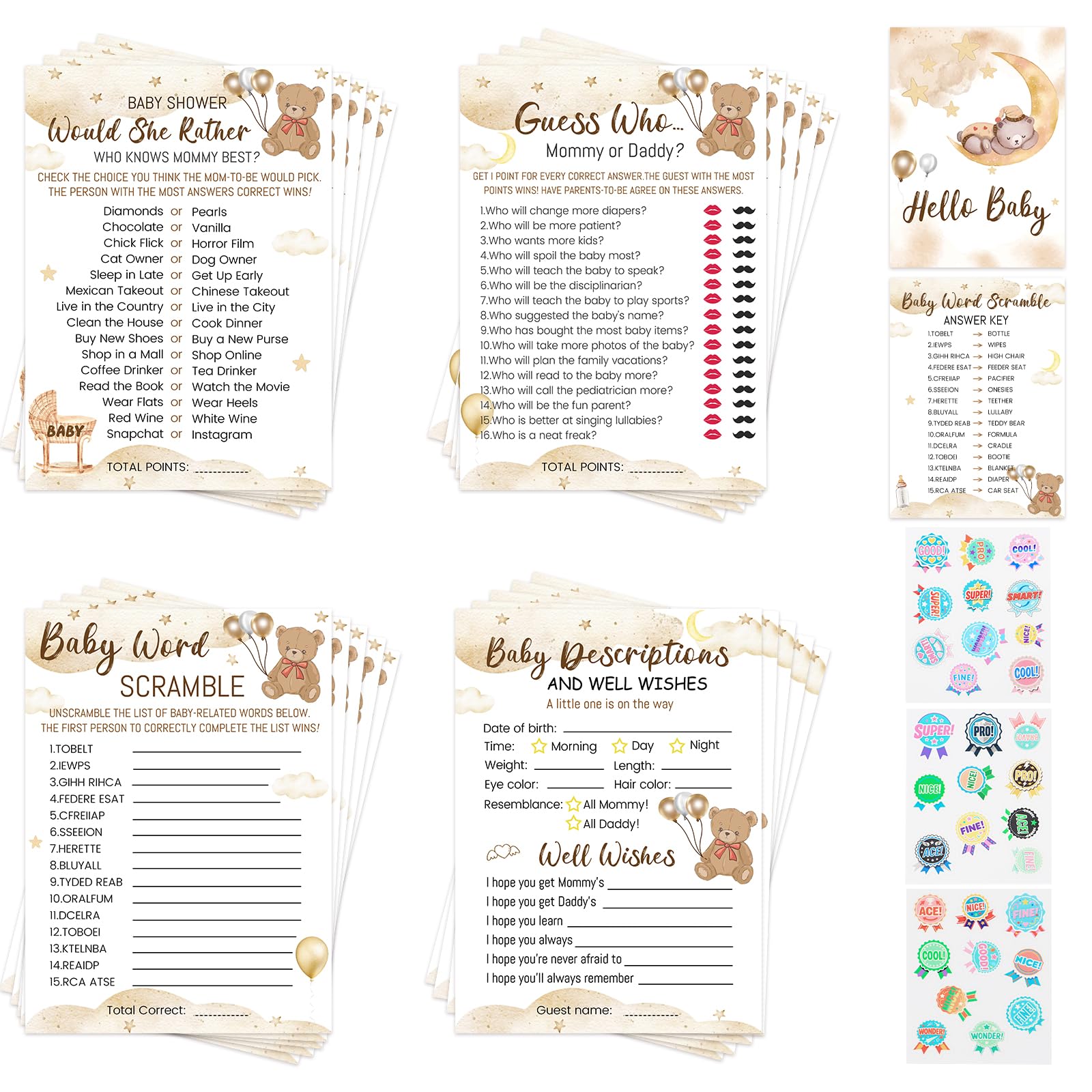 Yuaerbuo Baby Shower Games Card, 50 Double-Sided Cards and One Answer Card, Including 4 Types of Party Games, Each Game Includes 25 Baby Prediction Cards, Suitable for 25 Guests