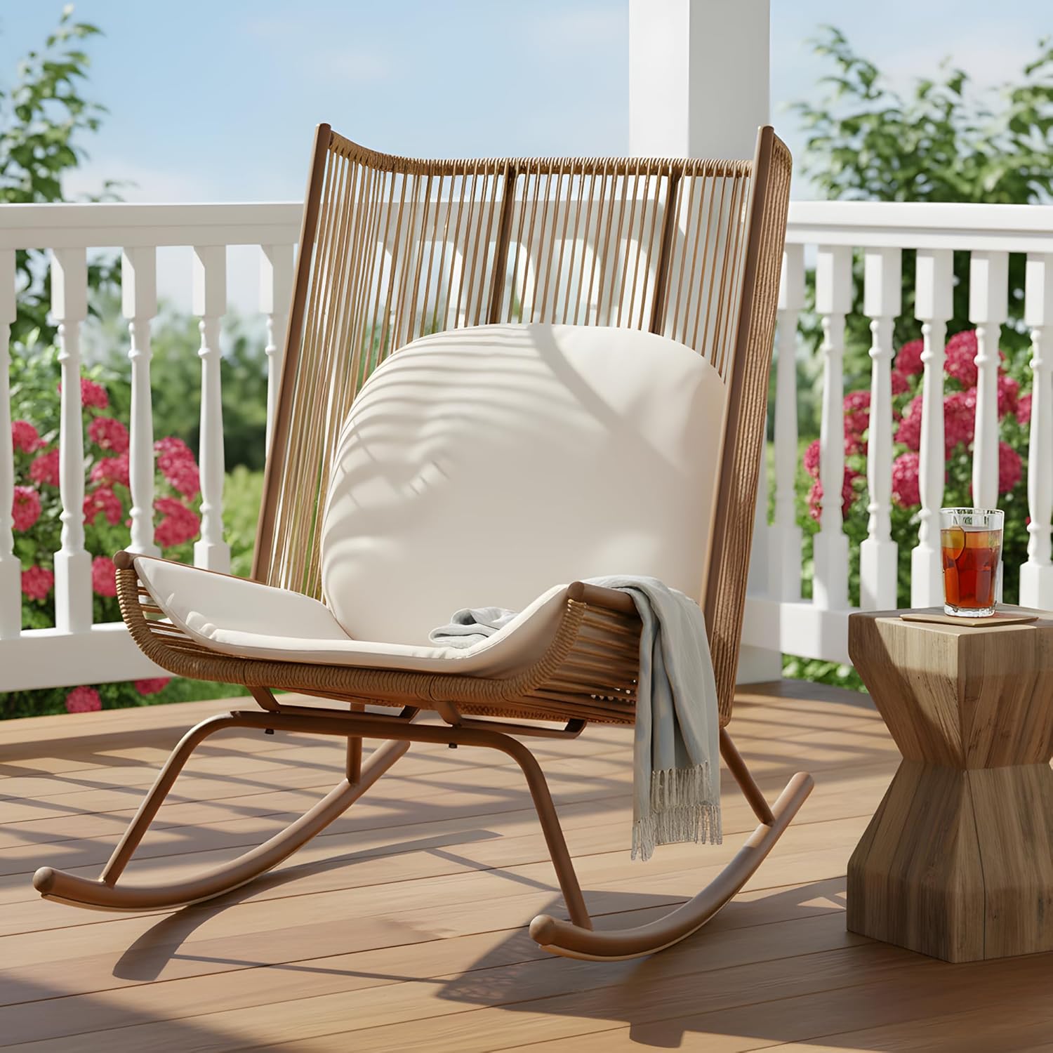 Merax Oversized Outdoor Rocking Chair with PE Rattan & High Back, Modern Porch Rocker Chair, All Weather Resistant Rocking Chairs for Patio, Brown, 1Pc