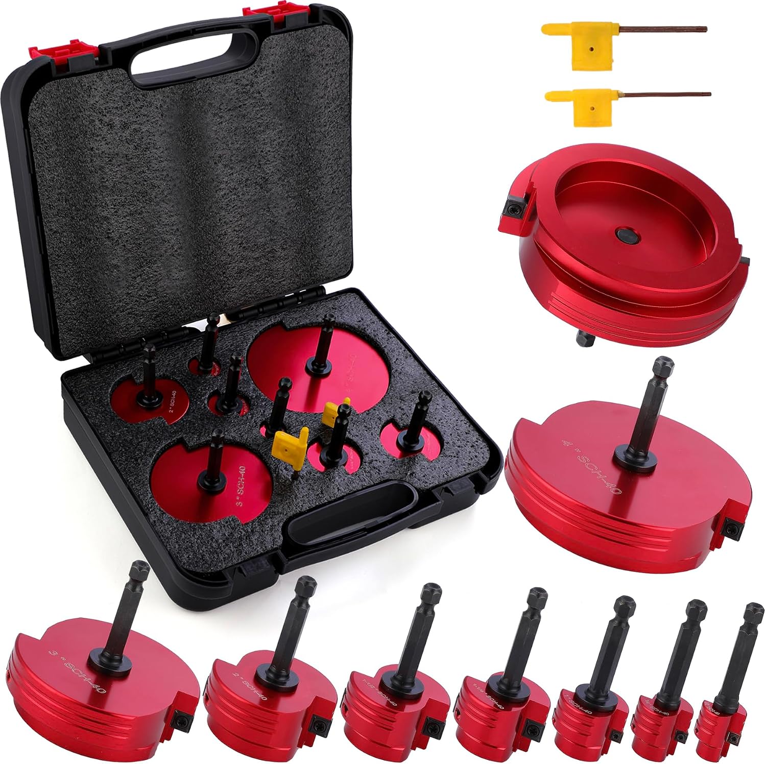 PVC Pipe Reamer Kit, 8 Piece Fitting Saver, 1/2 to 4 Inch | Double-blade socket saver for Schedule 40 PVC, with carbide alloy blades, fits standard 1/2 inch drills