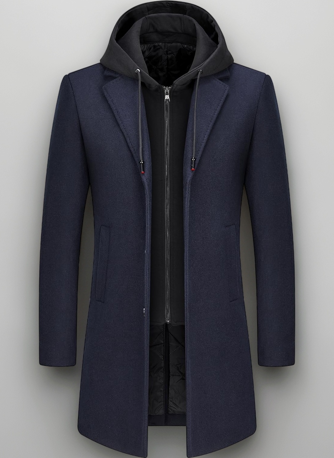 Mens Wool Trench Coat Solid Casual Padded Outdoor Overcoat Long hooded Warm Coat Jacket