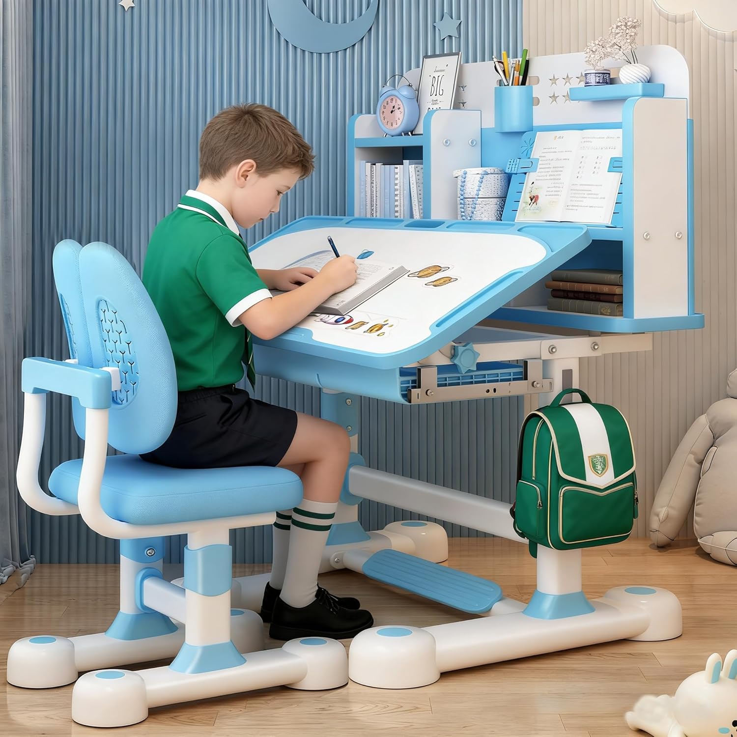 Kids Desk and Chair Set, Height Adjustable Children School Study Table Chair Set with Sitting Corrector, Ergonomic Desk with Book Stand, Foot Pedal, Partition Design (Blue)