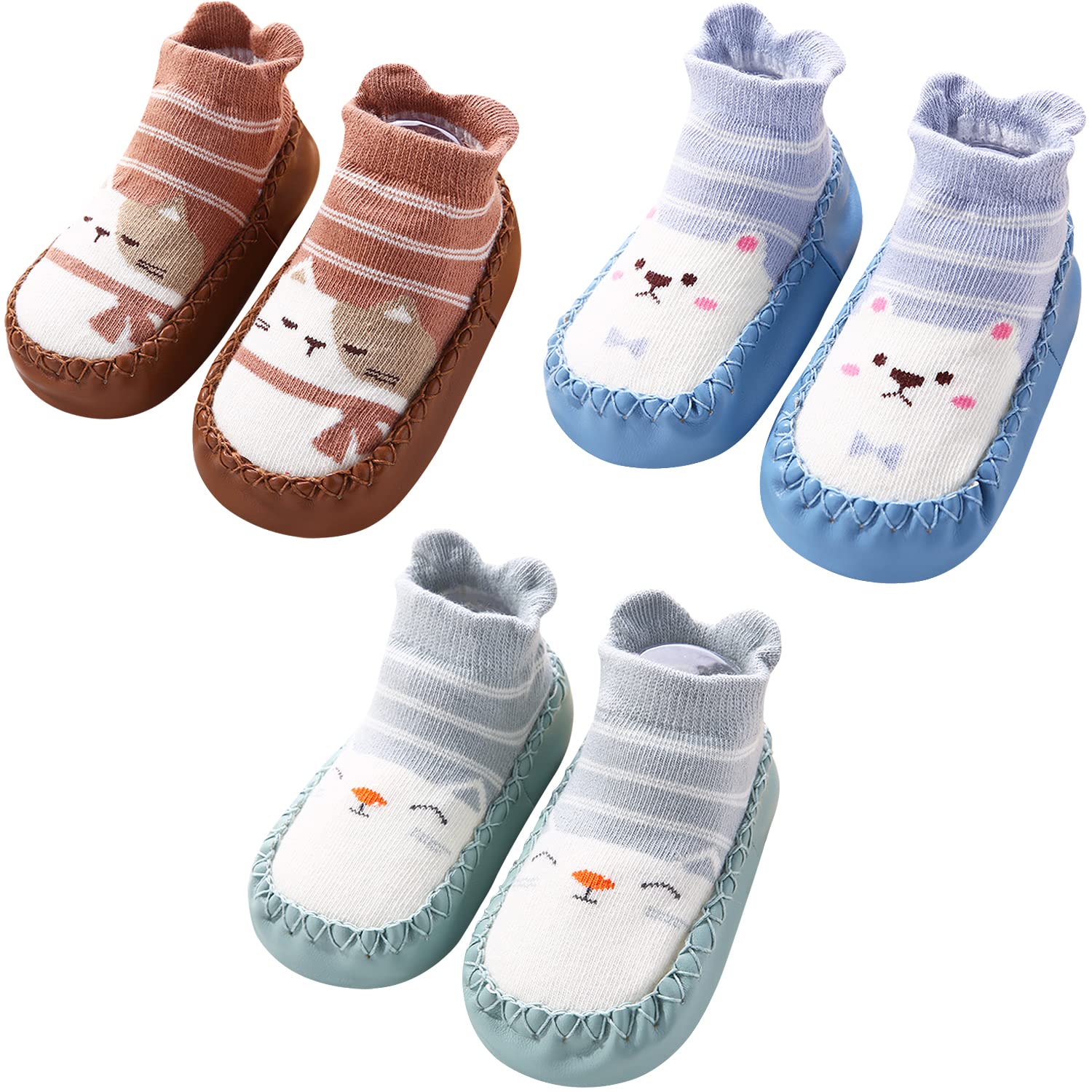 Adorel Baby Hüttenschuhe Baumwolle Rutschfest ABS Socken Stoppersocken 3er-Pack