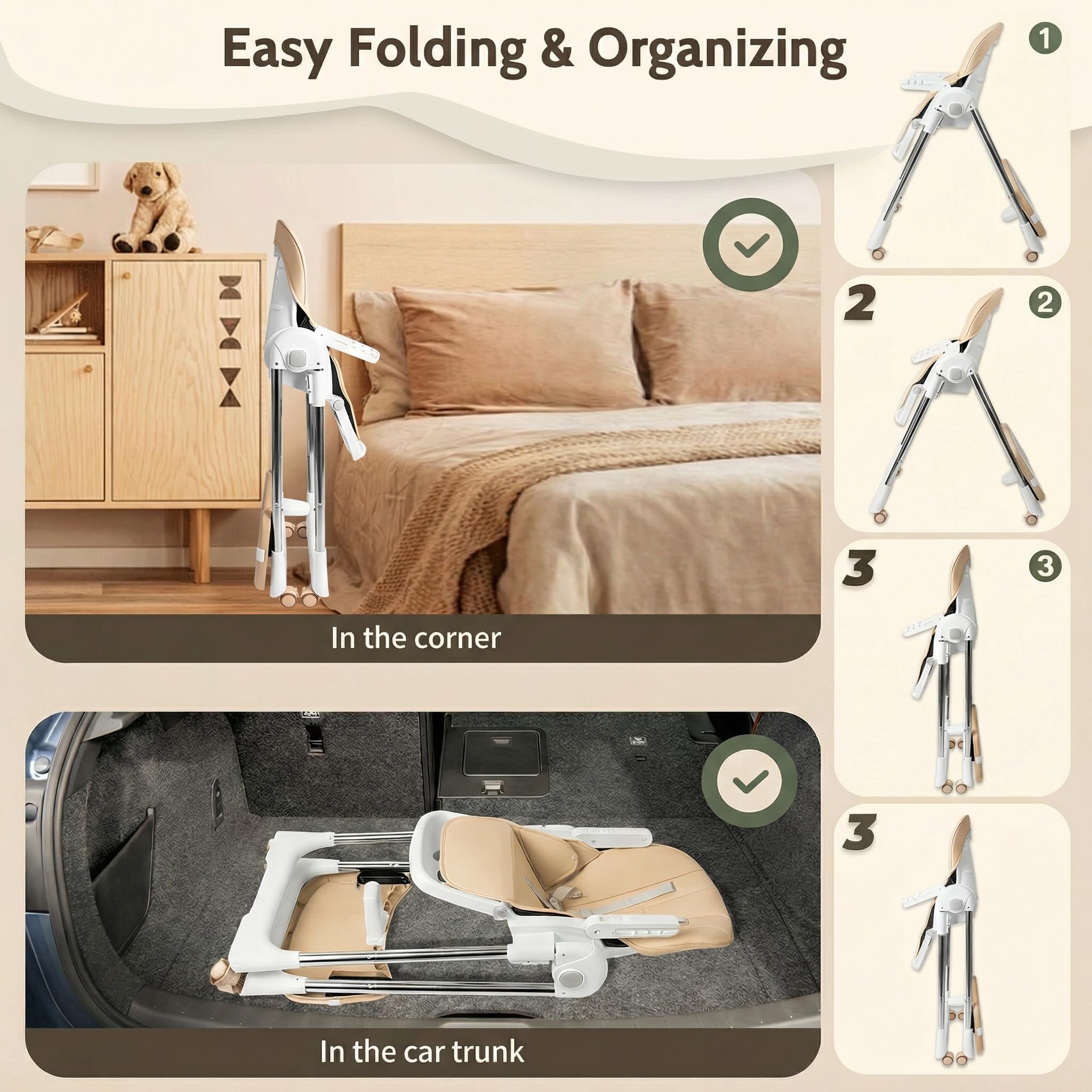 Chaise Haute Bébé, Chaise Haute Bébé Évolutive et Pliable, Hauteur Réglable Chaise Enfant, Dossier Inclinable 4 Positions, Repose-Pieds Ajustable, Harnais 5 Points,avec Coussin, Beige