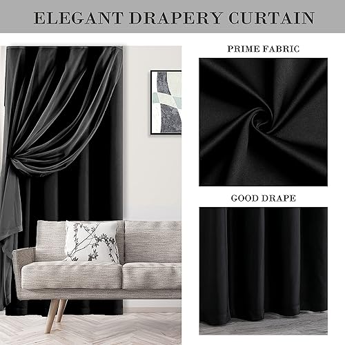 Miniatura 5 de Lotusolution Mezcla y combina cortinas para sala de estar, 2 piezas negras 100% opacas y 2 cortinas transparentes de gasa negra sólida para sala de