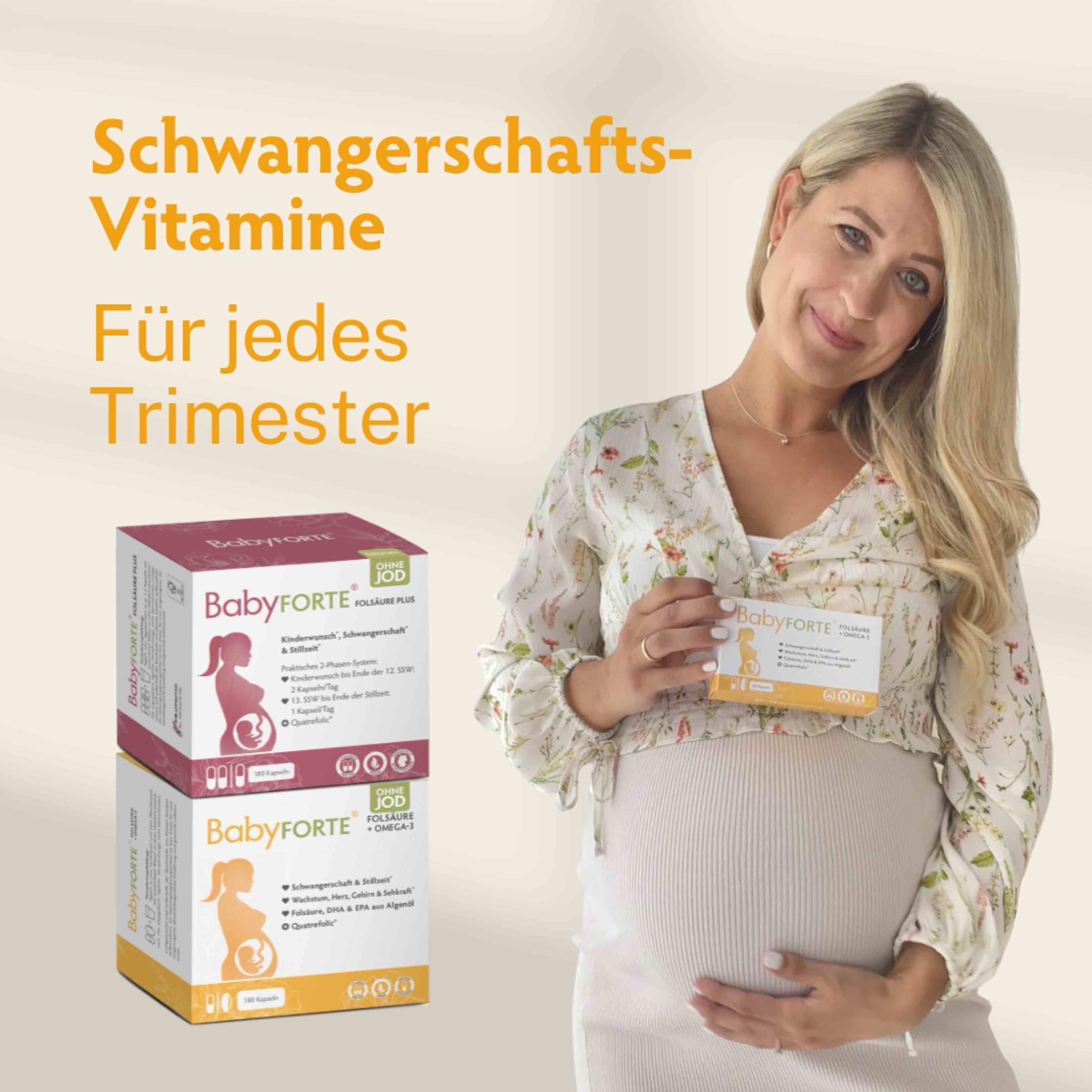 BabyFORTE® Folsäure ohne Jod + Omega-3 vegan mit Algenöl | 17 Schwangerschaftsvitamine ohne Jod + Quatrefolic® | 180 Kapseln | ab 1. Trimester